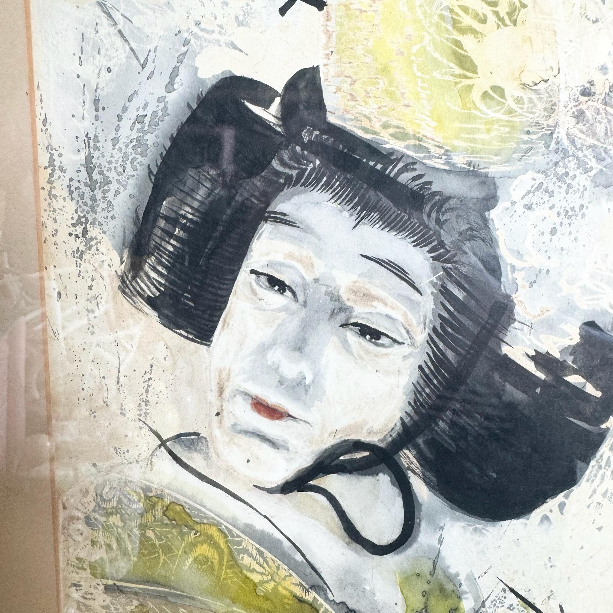 Paint Vintage Japanese Framed Watercolor of Geisha Woman For Sale