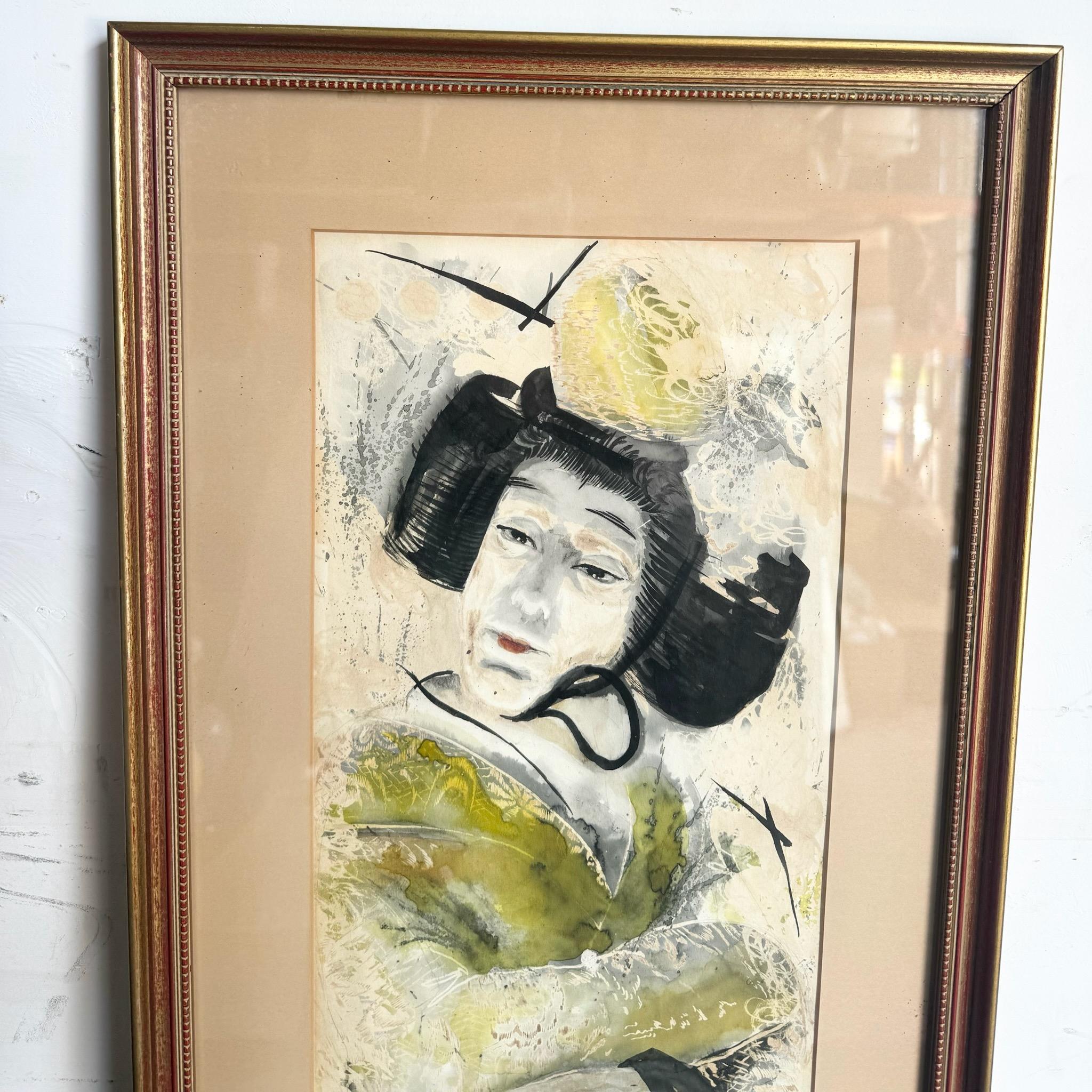 Vintage Japanese Framed Watercolor of Geisha Woman For Sale 1