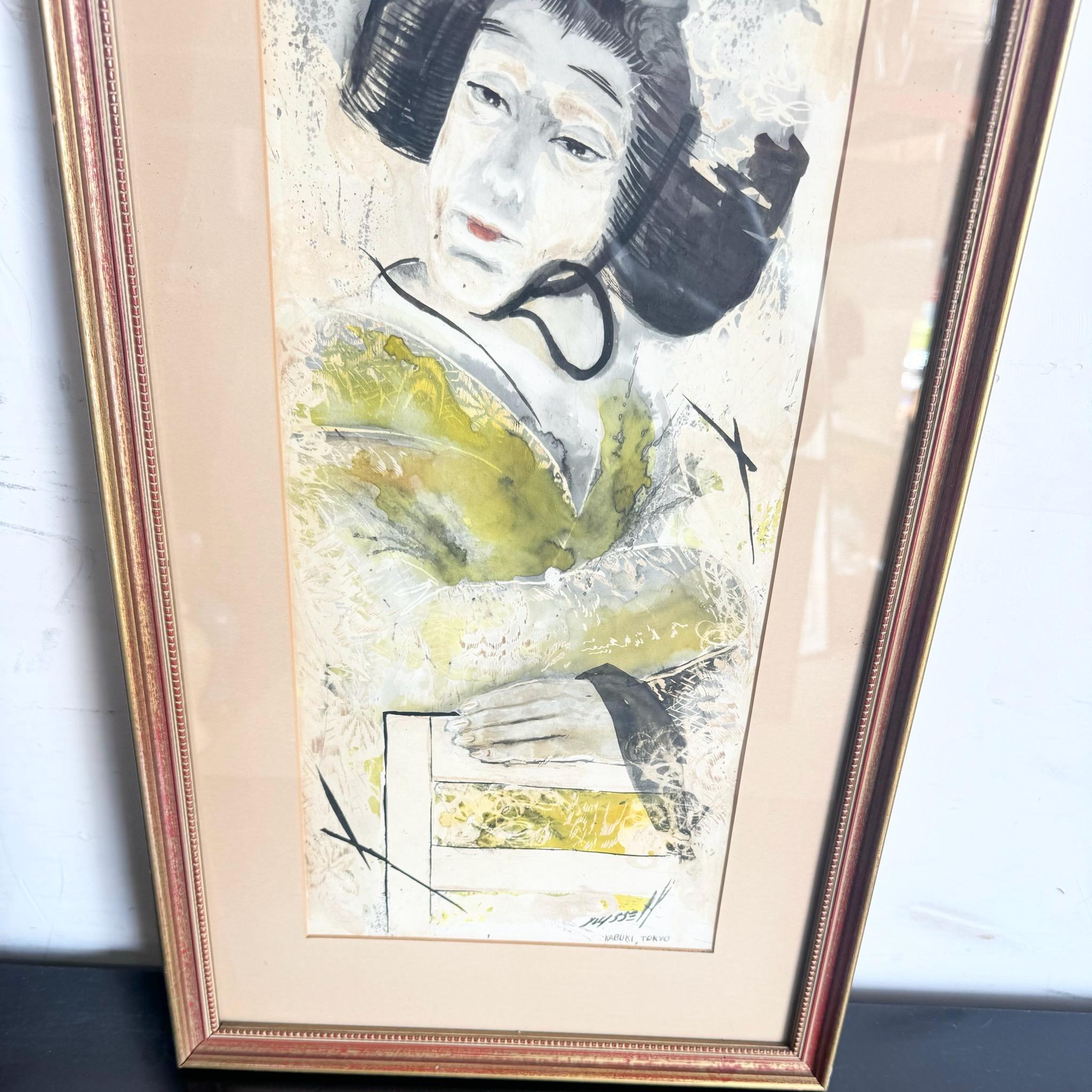 Vintage Japanese Framed Watercolor of Geisha Woman For Sale 2