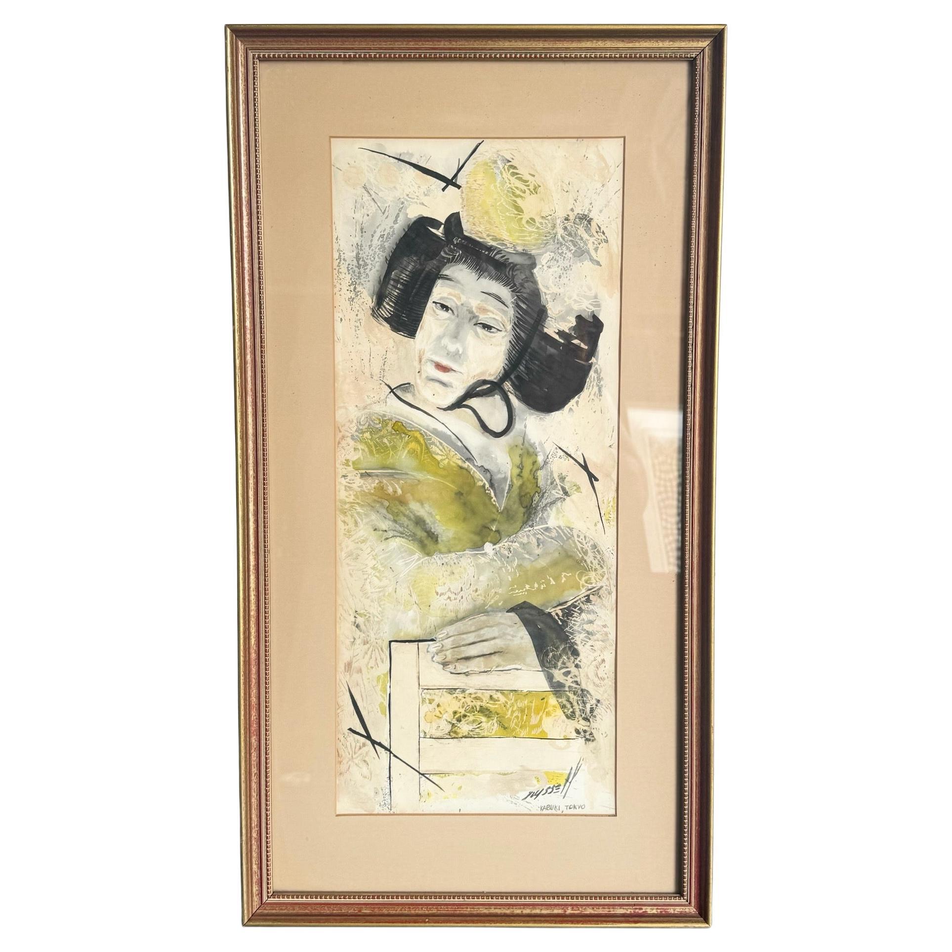 Acuarela japonesa vintage enmarcada de mujer geisha