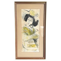 Acuarela japonesa vintage enmarcada de mujer geisha