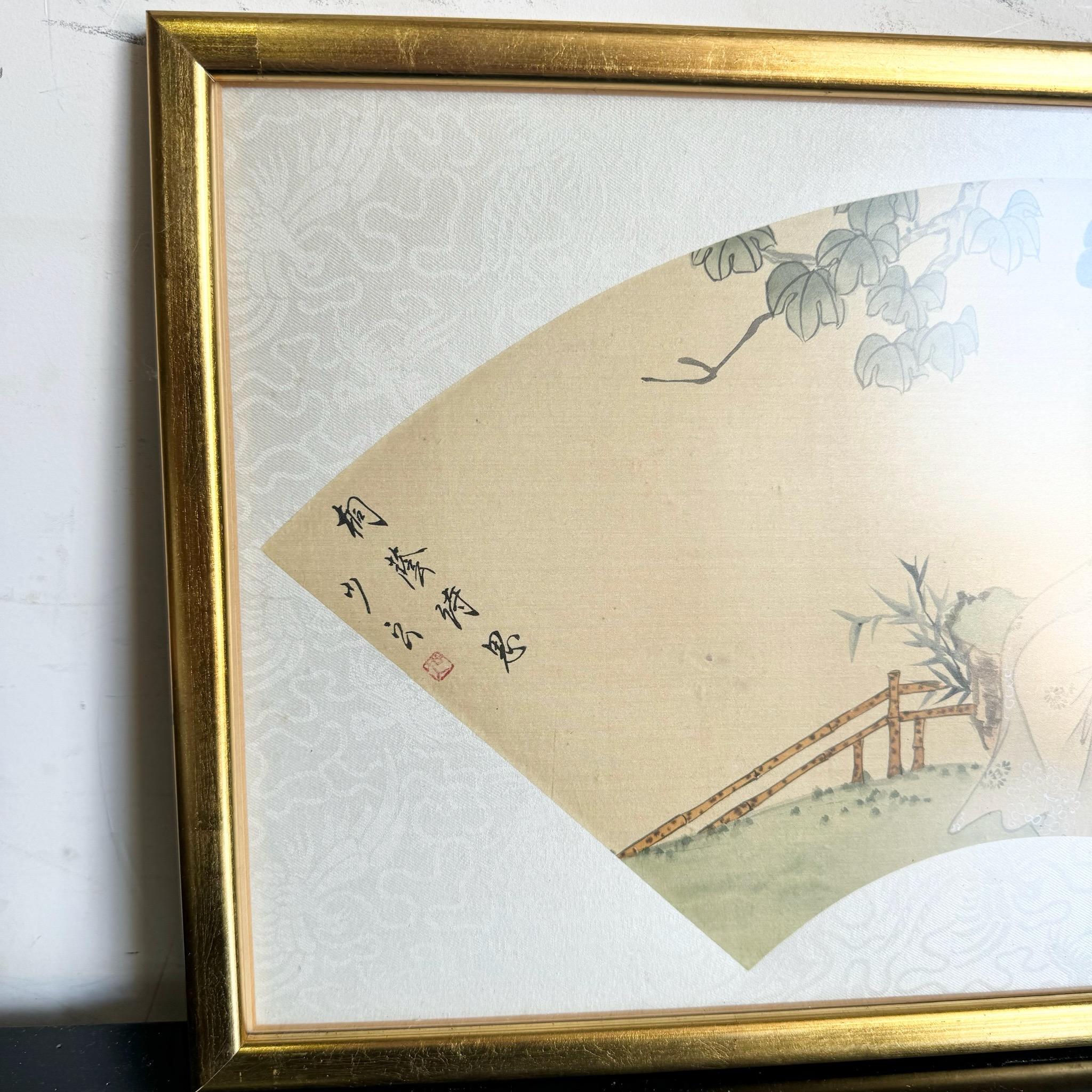 Acuarela japonesa vintage enmarcada sobre seda Pintura de Geisha Japonés
