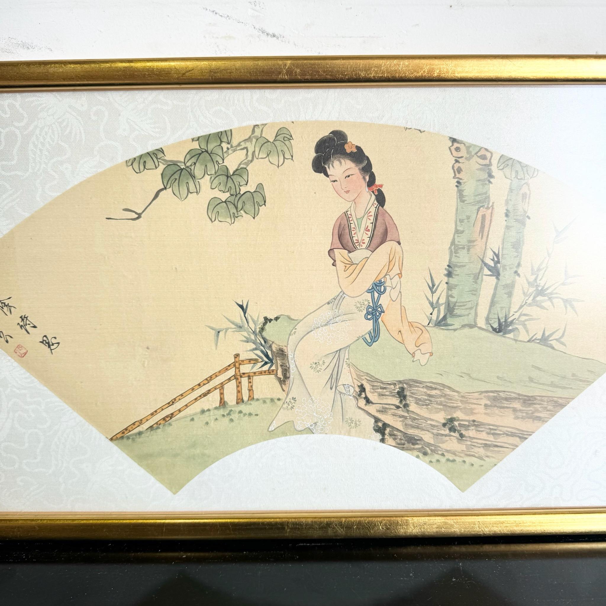 Acuarela japonesa vintage enmarcada sobre seda Pintura de Geisha en Bueno Estado en Delray Beach, FL