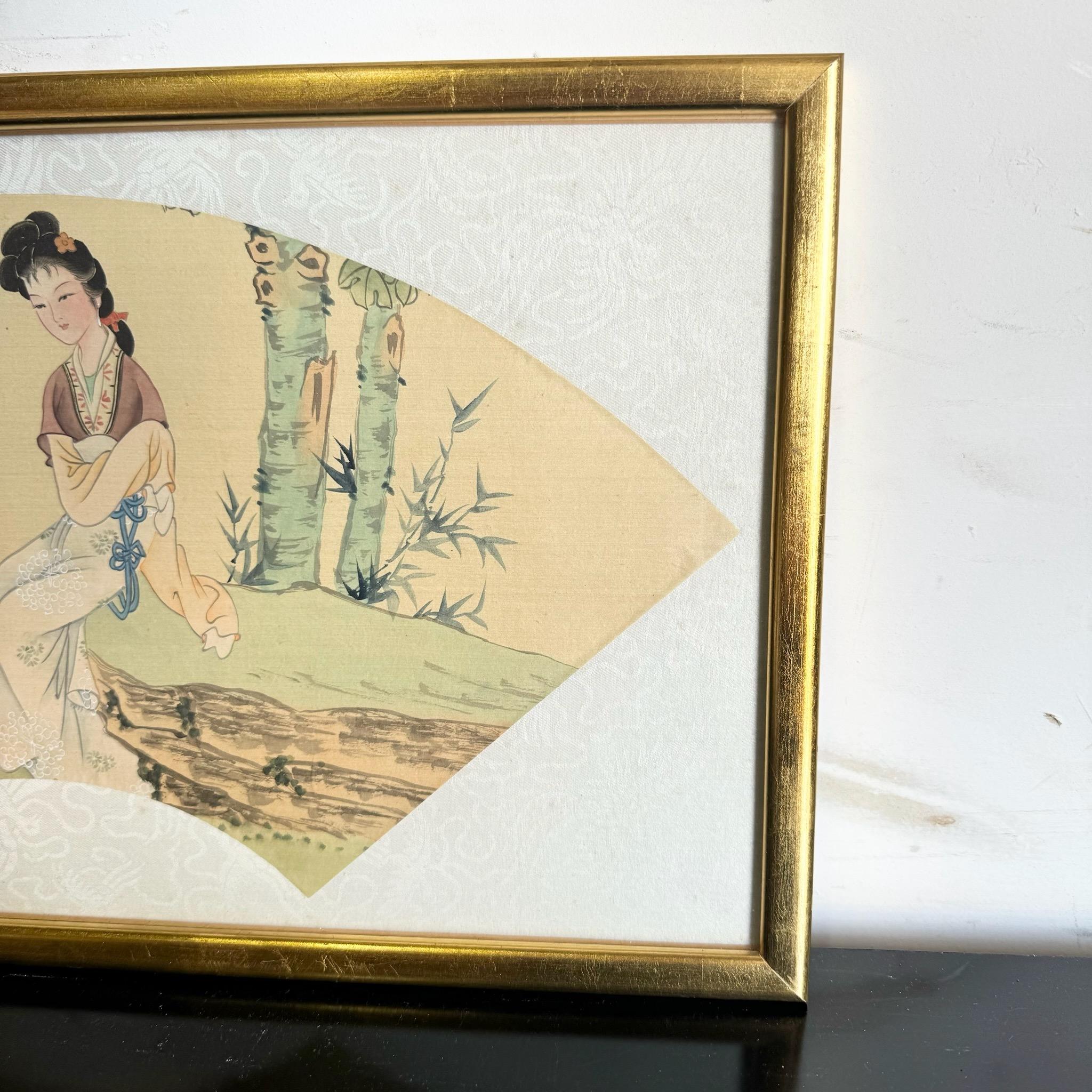 Acuarela japonesa vintage enmarcada sobre seda Pintura de Geisha siglo XX