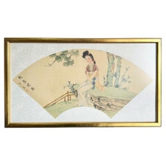 Japanisches gerahmtes Vintage-Aquarellgemälde auf Seide von Geisha, Vintage