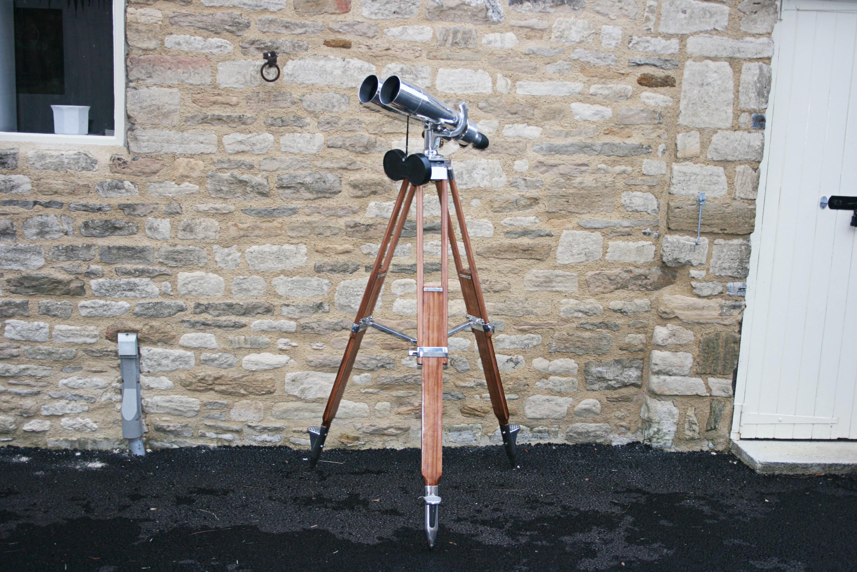 A large pair of Japanese ex-navy observation binoculars mounted on a vintage adjustable wooden tripod. The WWII marine binoculars with 4º incline eyepieces are marked 'FUJI, Meibo, -15 X 80 4º-, No. 4705, Fuji Japanese Observation Binoculars, 15 X