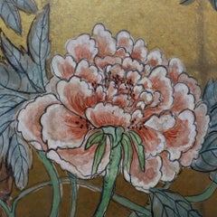 Vintage Japanese Gilt , Figural & Floral Hand Painted 3-Panel Screen c1940