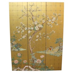 Vintage Japanese Gilt , Figural & Floral Hand Painted 3-Panel Screen c1940