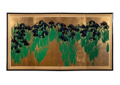 Vintage Japanese Gold Leaf Iris Four-Panel Folding Screen After Ogata Kōrin