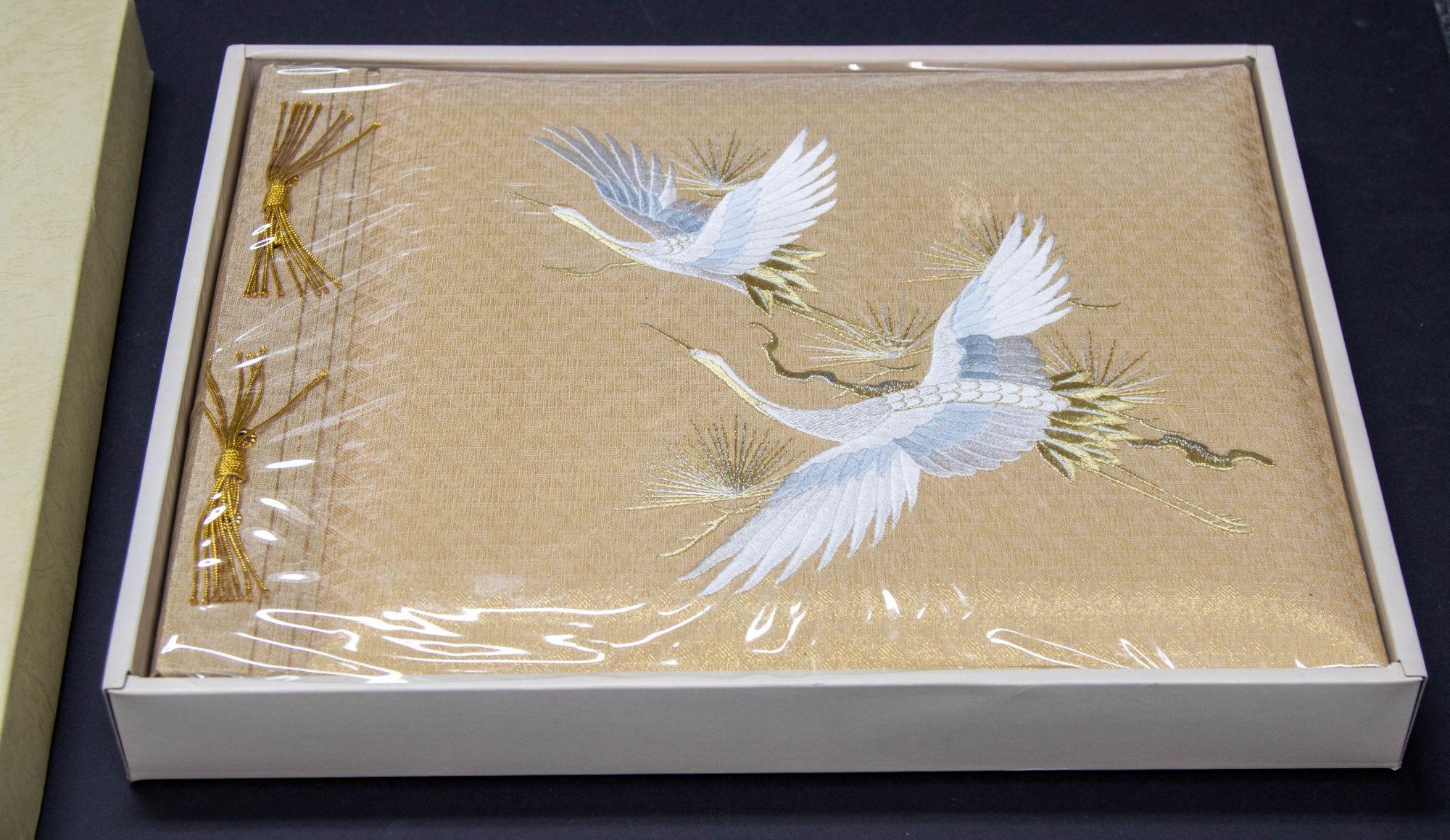 Vintage Japanese Gold Silk Embroidery Wedding Photo Album.
Handcrafted Japanese Sanyo Silk Embroidery Vintage Wedding Photo Album in Original box unused.
Vintage Japanese silk embroidered gold with white cranes photo album.
Japanese Sanyo white and