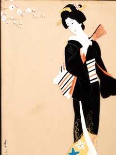Vintage Japanese Gouache Painting of 'Geisha' on Silk