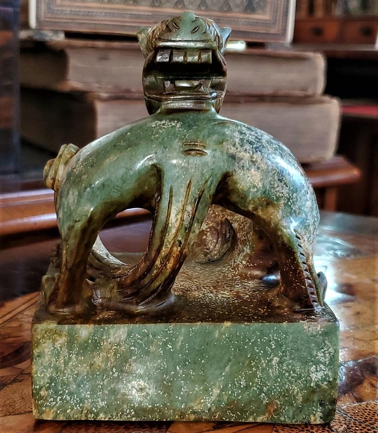 Vintage Chinese Green & Brown Jadeite Serpentine Foo Dog Chop Seal For Sale 5