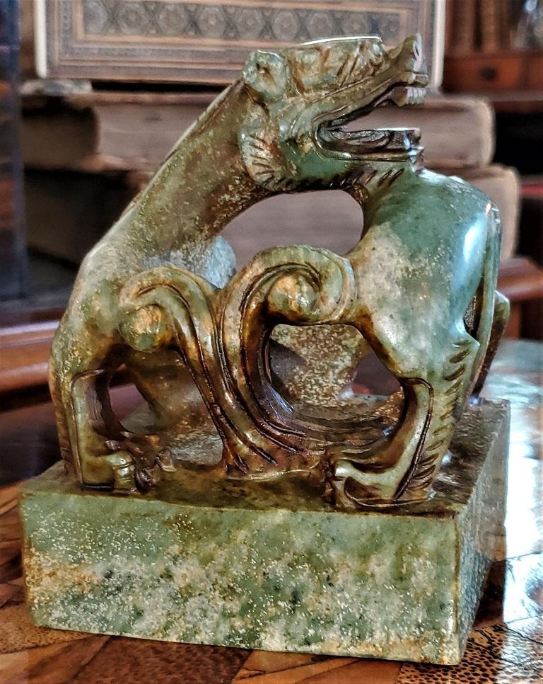 Vintage Chinese Green and Brown Serpentine Foo Dog Chop Seal For Sale 6