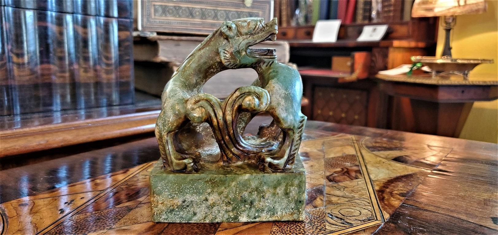 Meiji Vintage Chinese Green & Brown Jadeite Serpentine Foo Dog Chop Seal For Sale