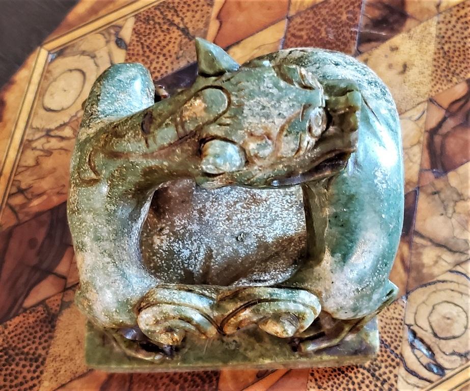 Hand-Carved Vintage Chinese Green and Brown Serpentine Foo Dog Chop Seal For Sale