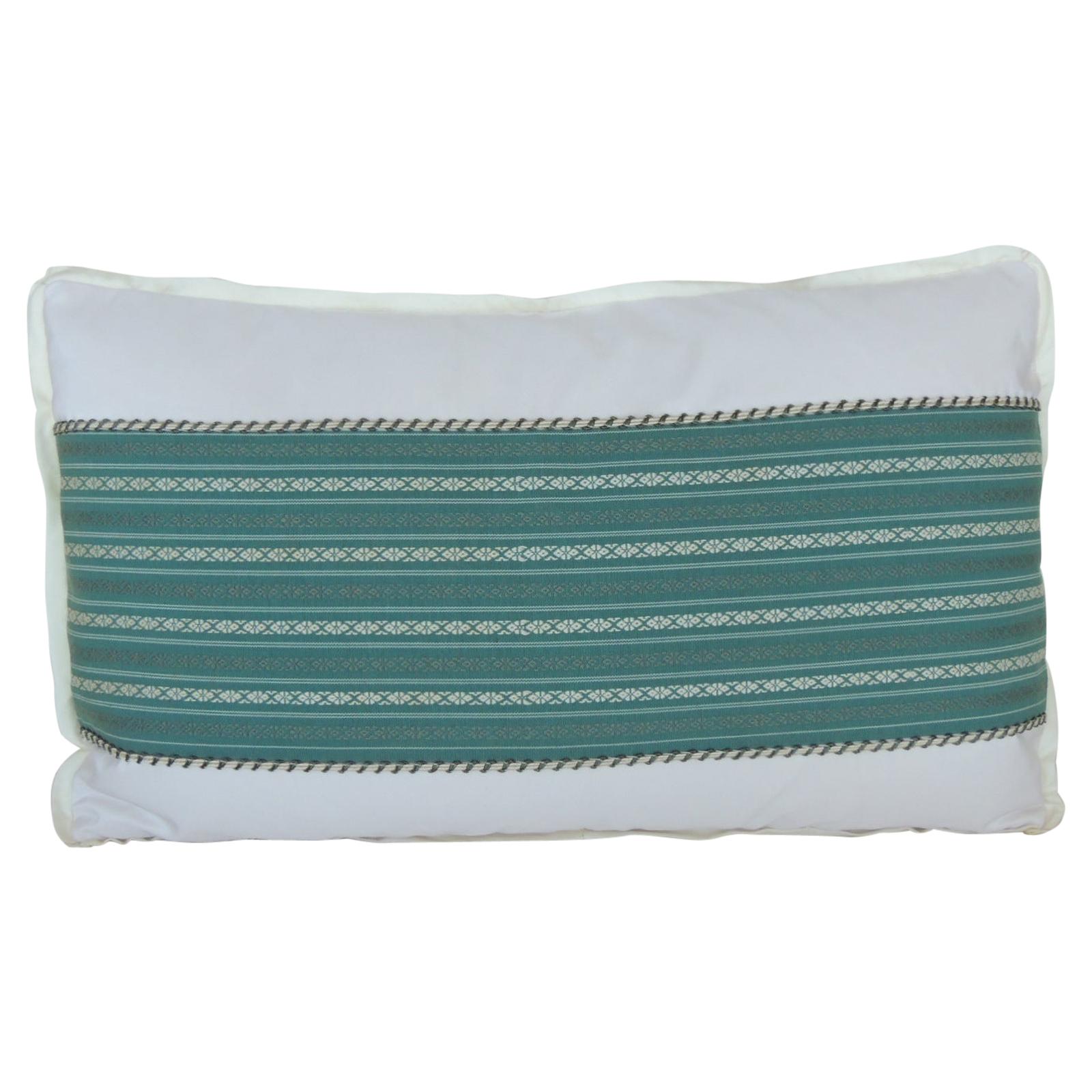 Vintage Japanese Green & White Obi Decorative Lumbar Pillow with Decorative Trim