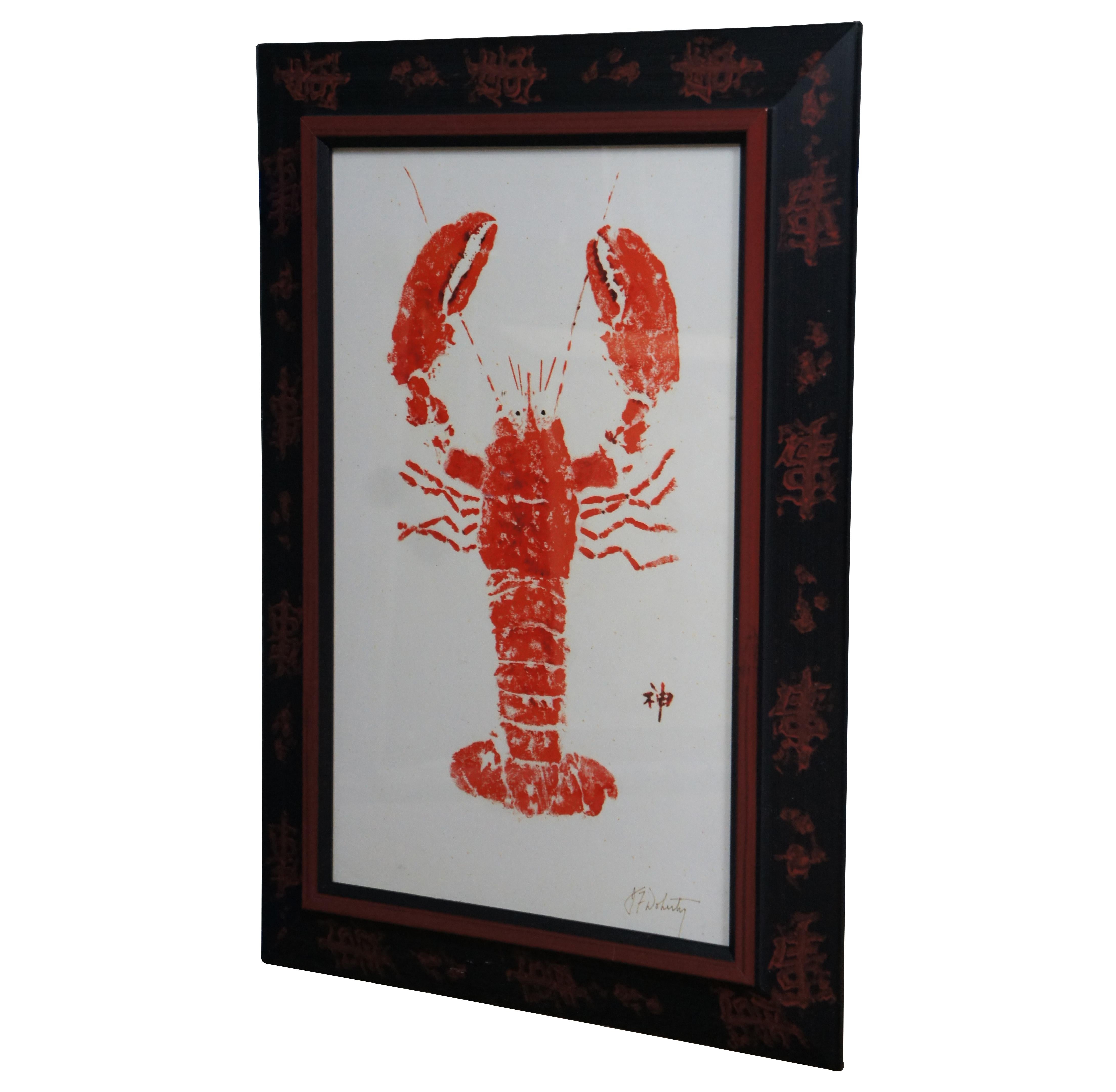 Japanese gyotaku print of a red lobster. Signed in plate by the artist. Originally produced by the FishAye Trading Company, beach theme. Re-framed in black and red with stamped Chinoiserie calligraphy.

Provenance:
Estate of J. Frederic Gagel,