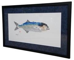 Vintage Japanese Gyotaku Nautical Bluefish Ocean Fish Framed Print