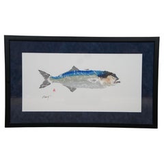 Vintage Japanese Gyotaku Nautical Bluefish Ocean Fish Framed Print