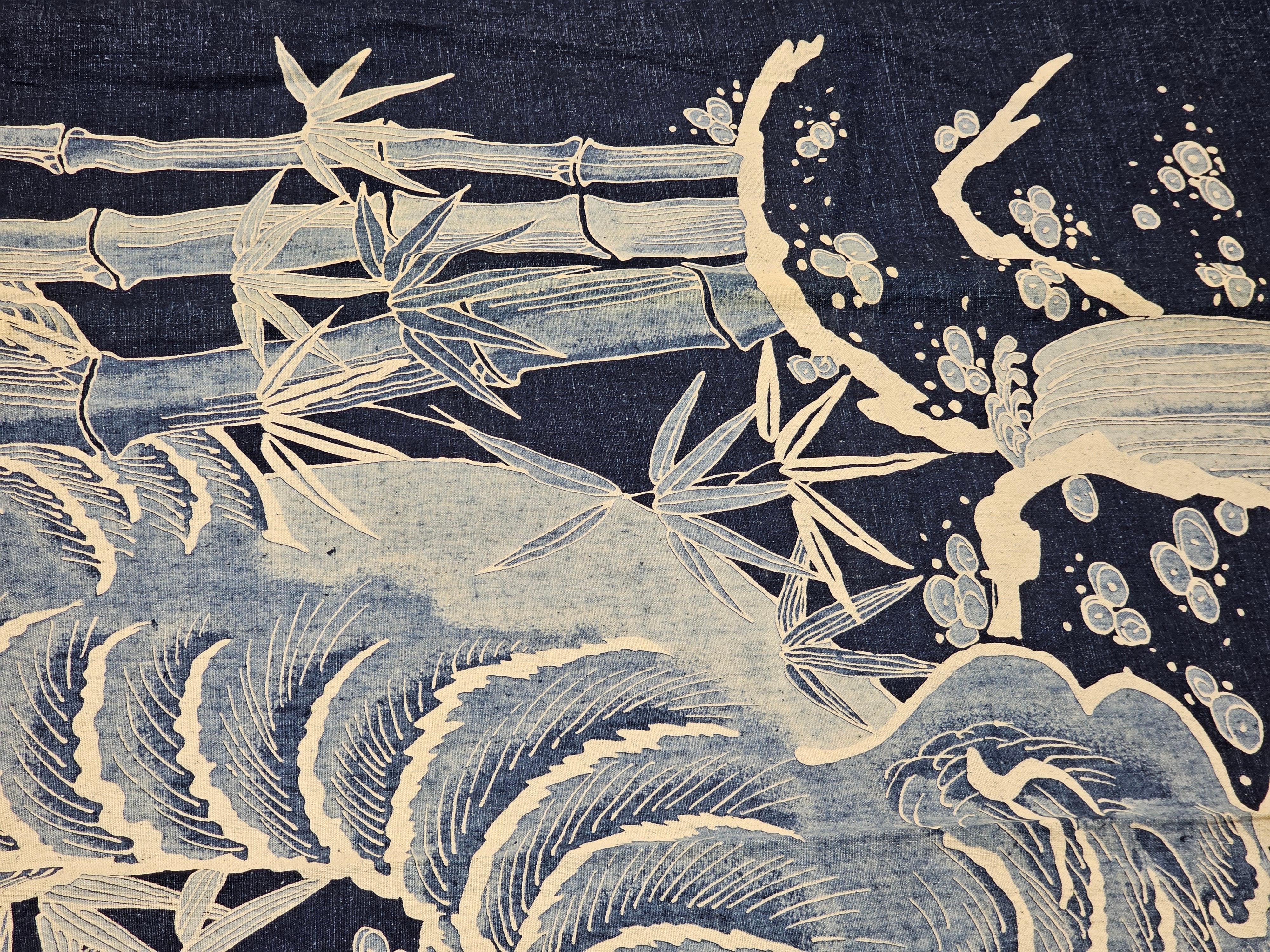 Textile indigo japonais artisanal représentant un tigre dans une forêt de bambou en vente 3