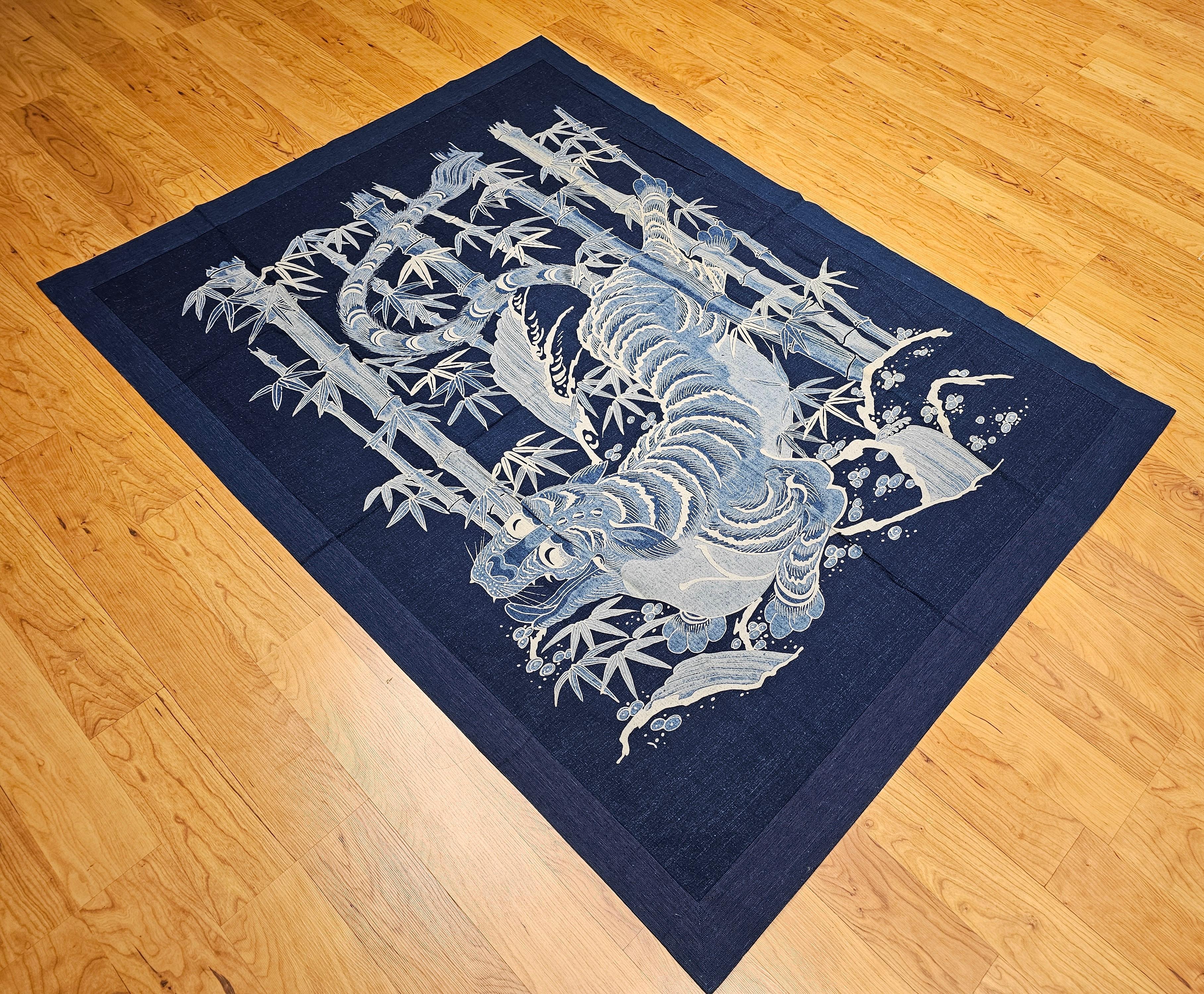 Vintage Japanese Hand Crafted Indigo Textile of a Tiger in a Bamboo Forest For Sale 9