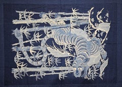 Vintage Japanese Hand Crafted Indigo Textile of a Tiger in a Bamboo Forest