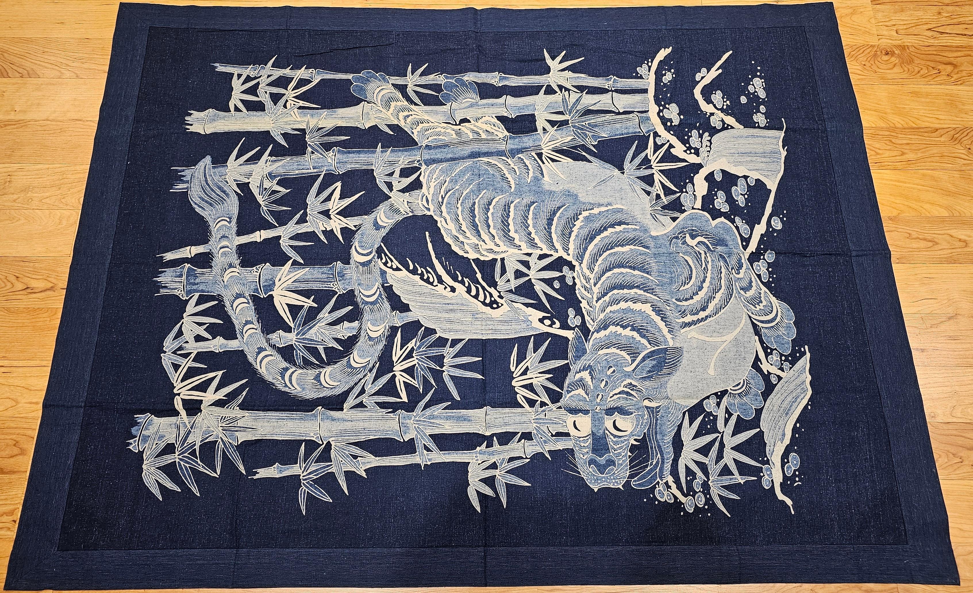 Dyed Vintage Japanese Hand Crafted Indigo Textile of a Tiger in a Bamboo Forest For Sale