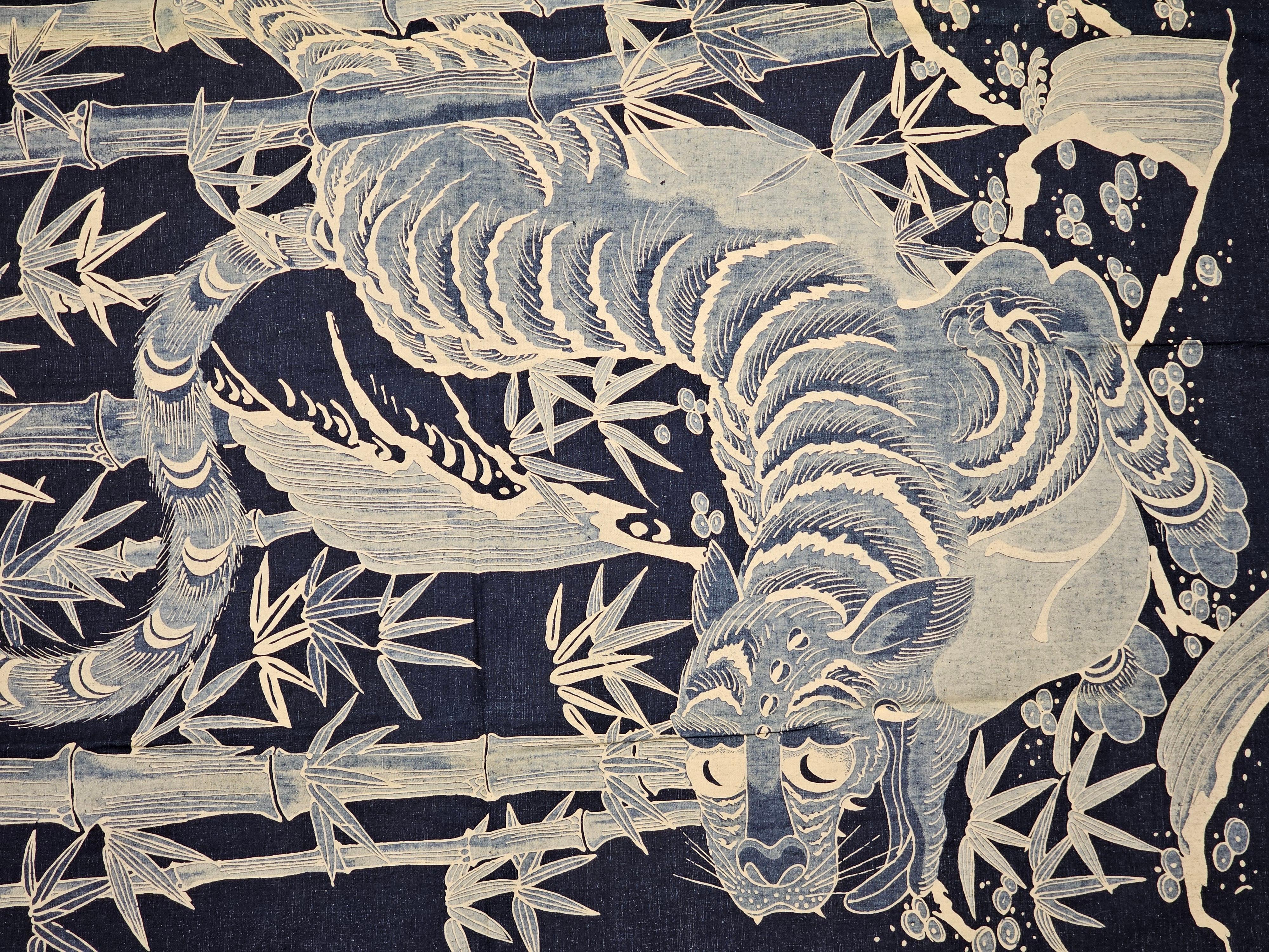 Teint Textile indigo japonais artisanal représentant un tigre dans une forêt de bambou en vente