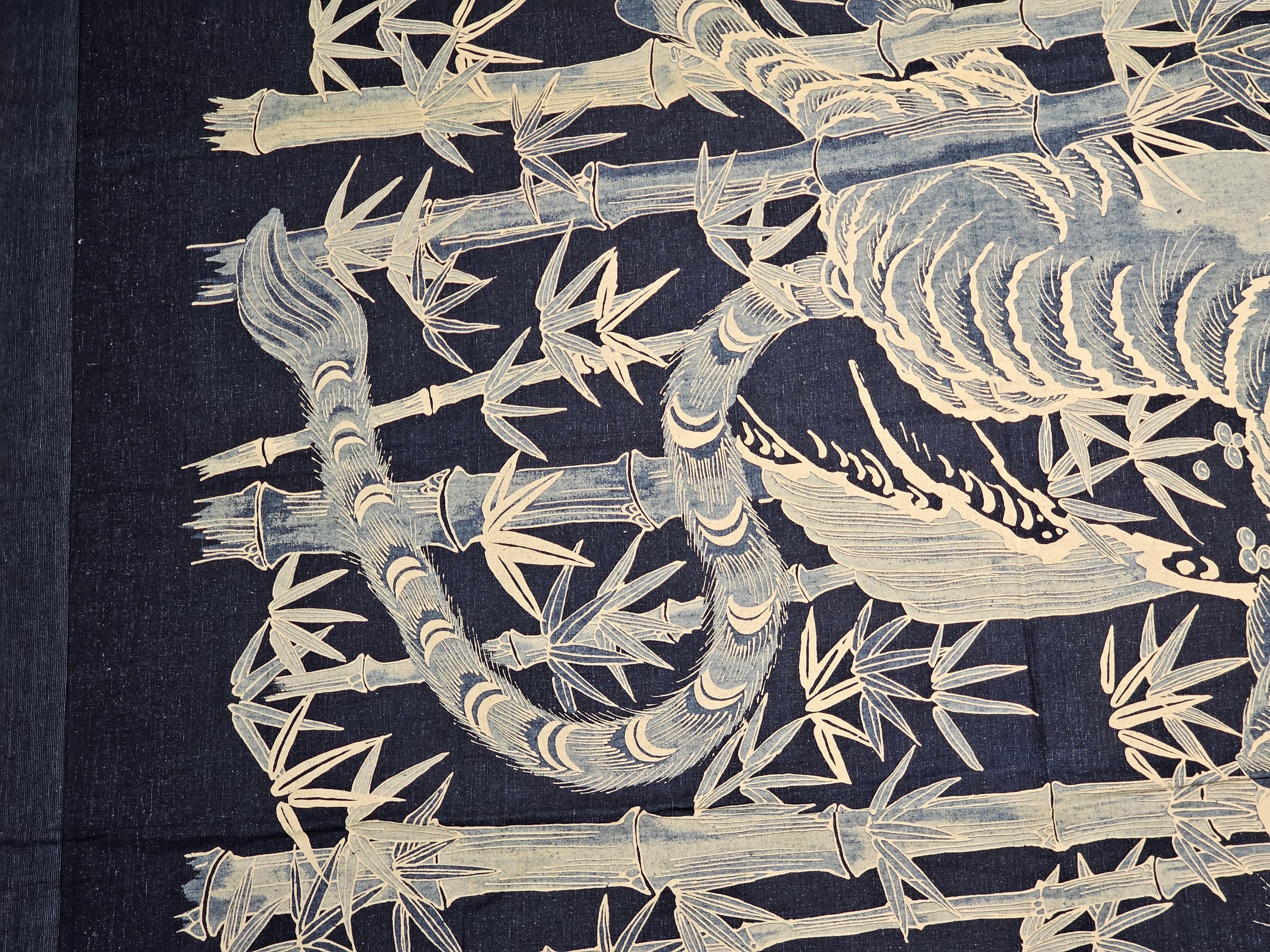 20th Century Vintage Japanese Hand Crafted Indigo Textile of a Tiger in a Bamboo Forest For Sale
