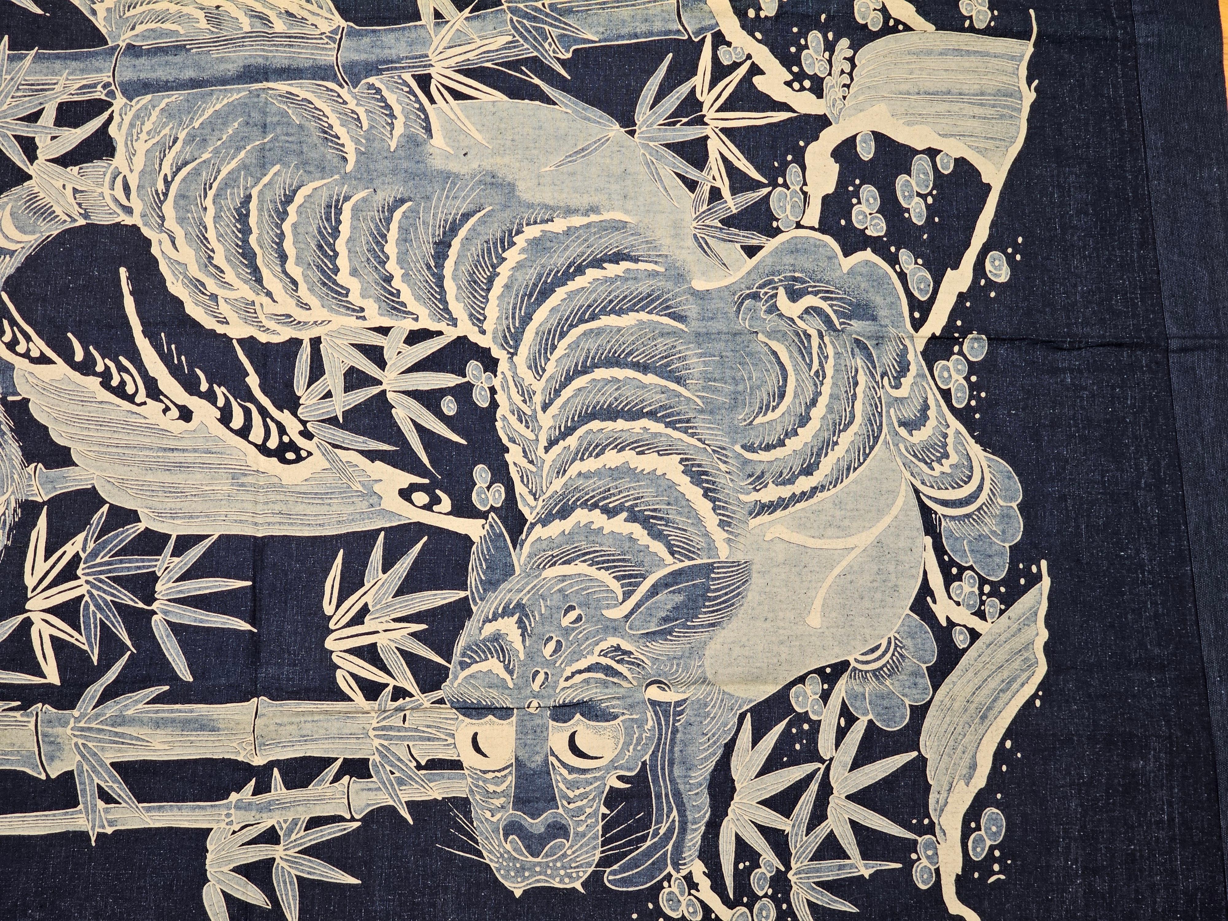 Cotton Vintage Japanese Hand Crafted Indigo Textile of a Tiger in a Bamboo Forest For Sale