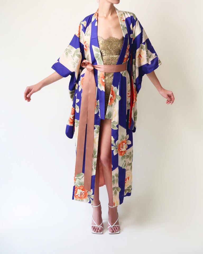 Vintage Japanese hand made blue floral rose silk over coat maxi robe ...