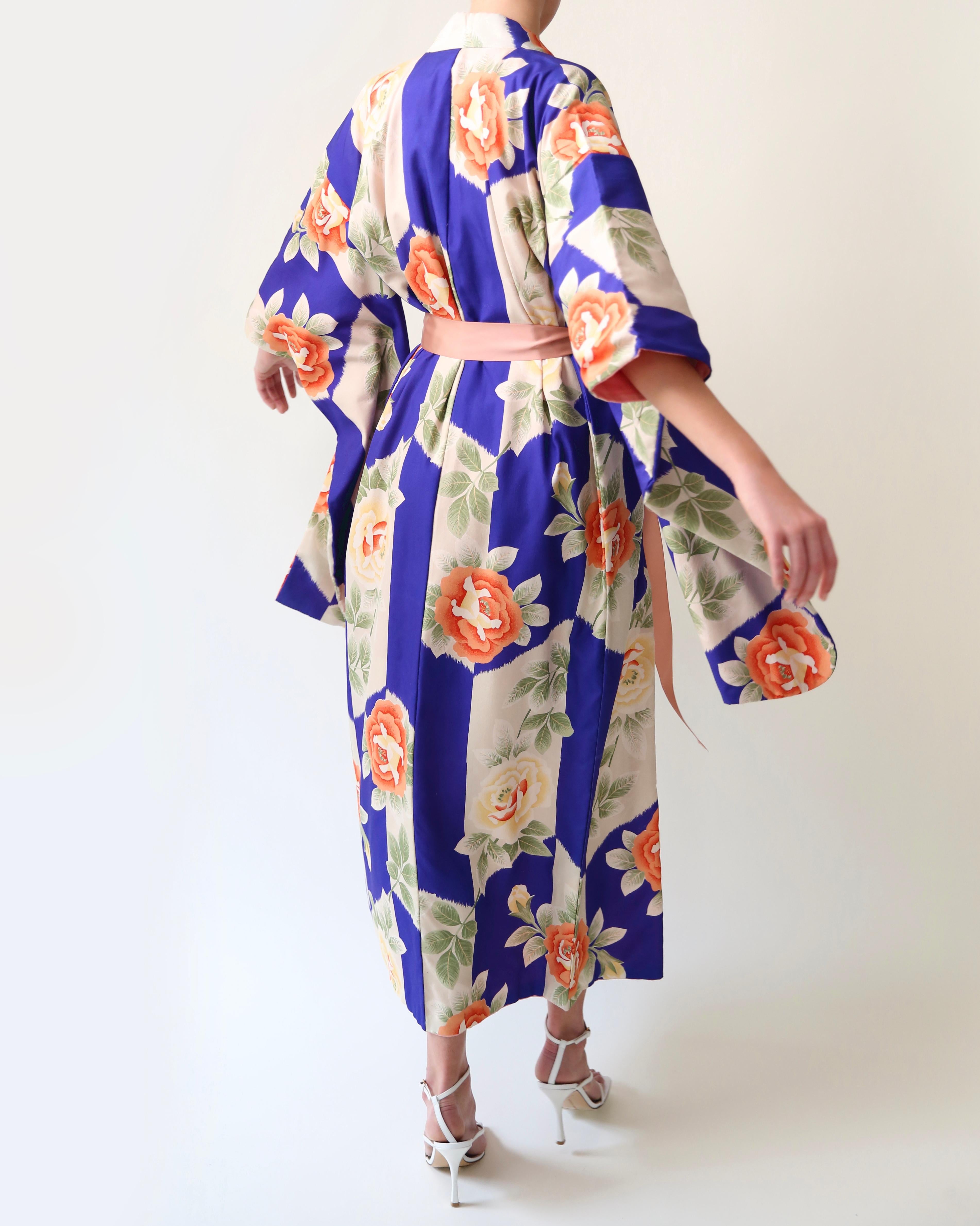 Beige Vintage Japanese hand made blue floral rose silk over coat maxi robe gown kimono For Sale