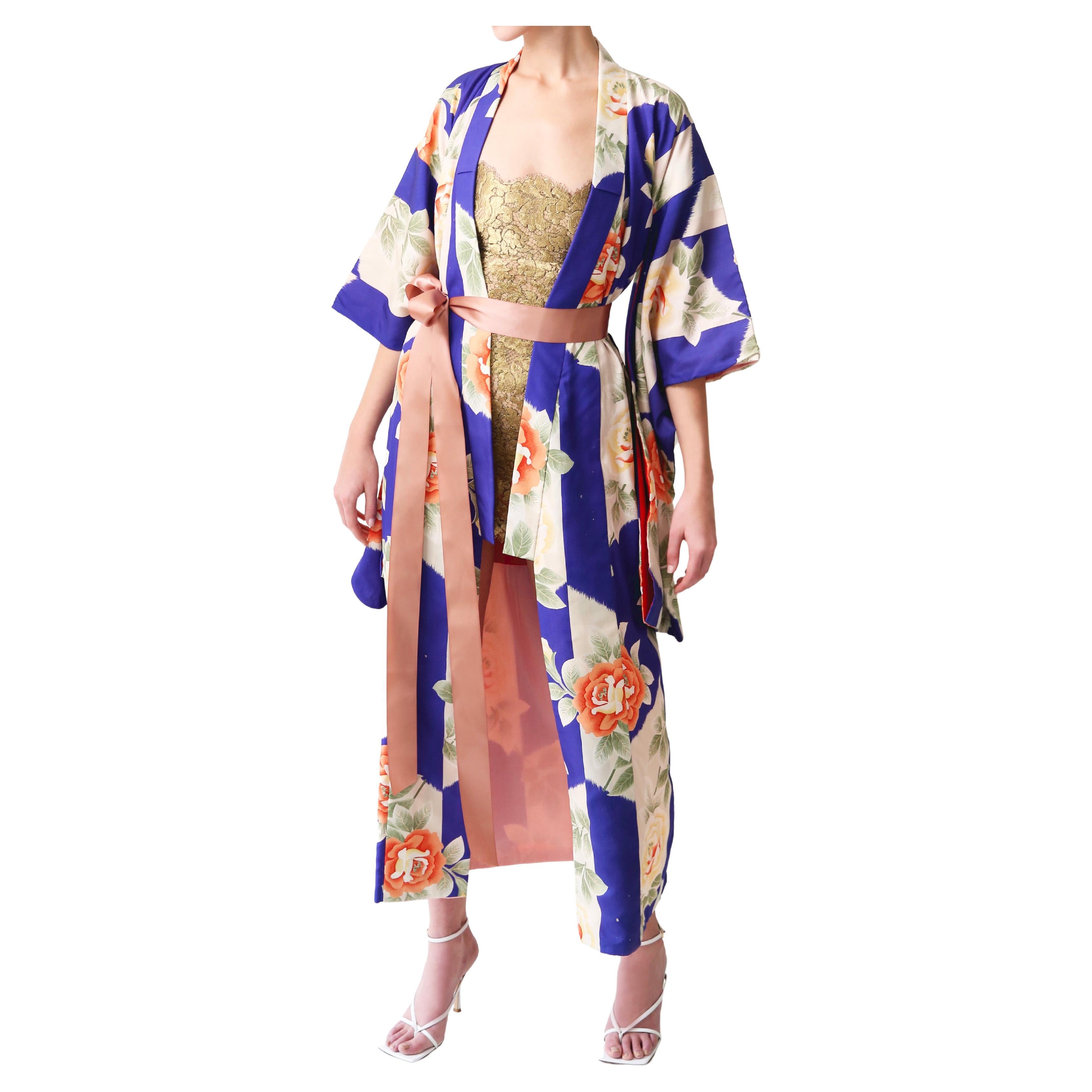 Vintage Japanese hand made blue floral rose silk over coat maxi robe gown kimono