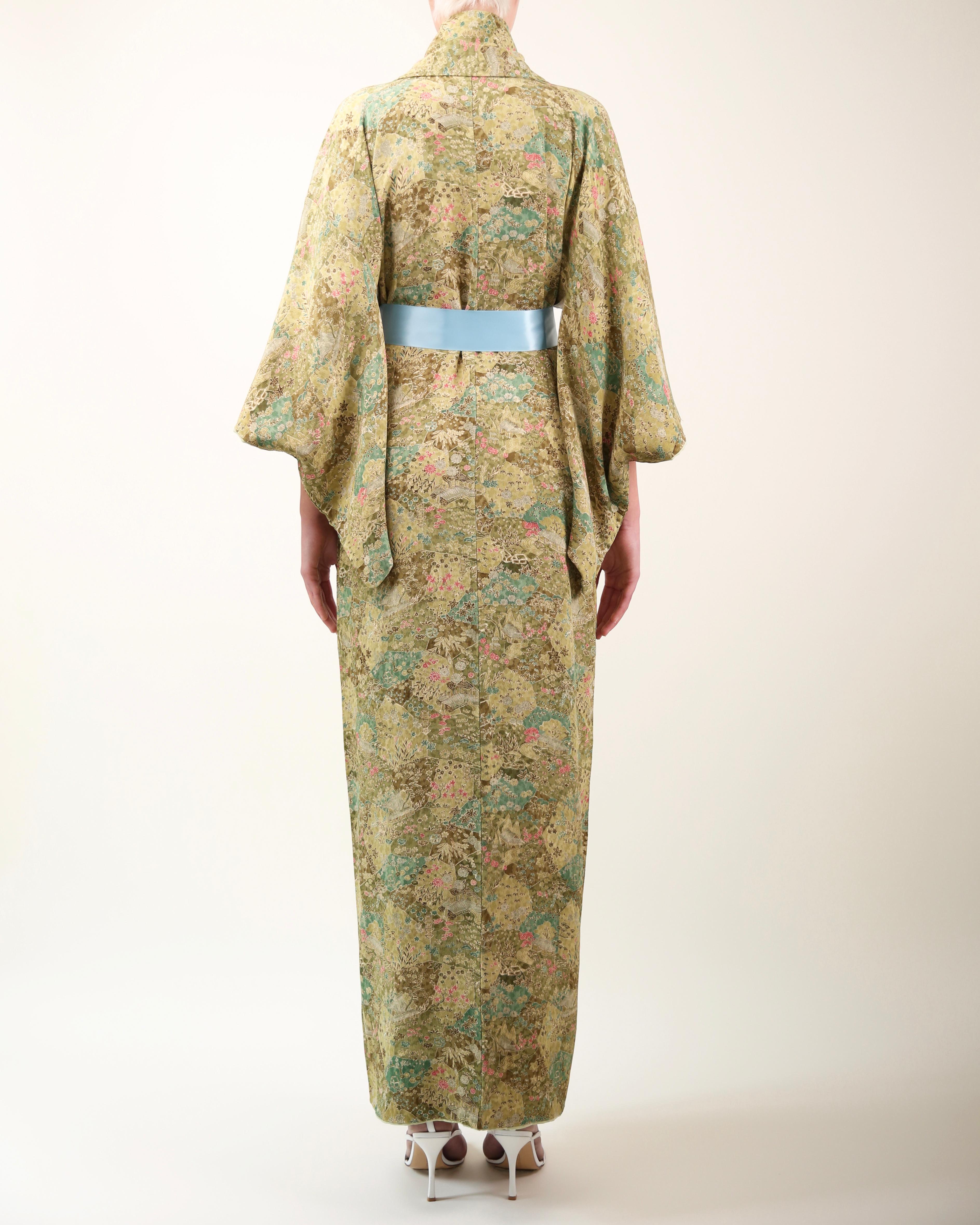 Vintage Japanese hand made green floral silk over coat maxi robe gown kimono For Sale 2