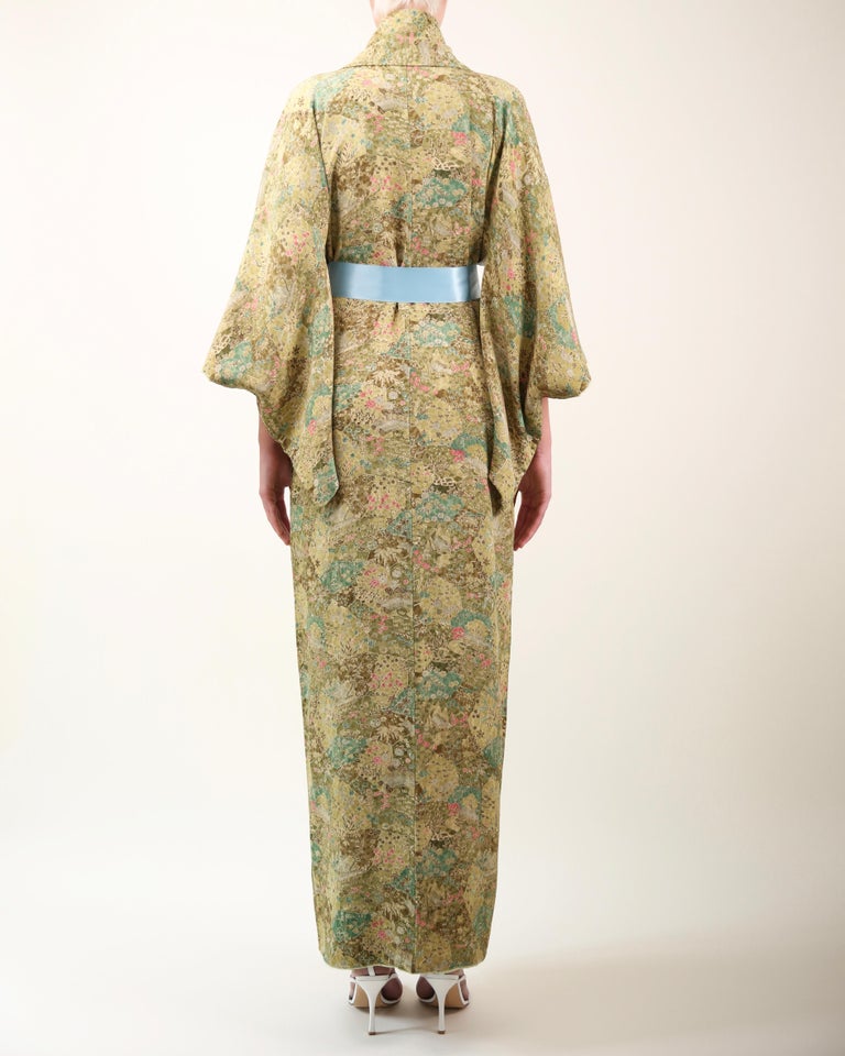 Vintage Japanese hand made green floral silk over coat maxi robe gown ...