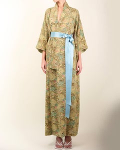 Vintage Japanese hand made green floral silk over coat maxi robe gown kimono