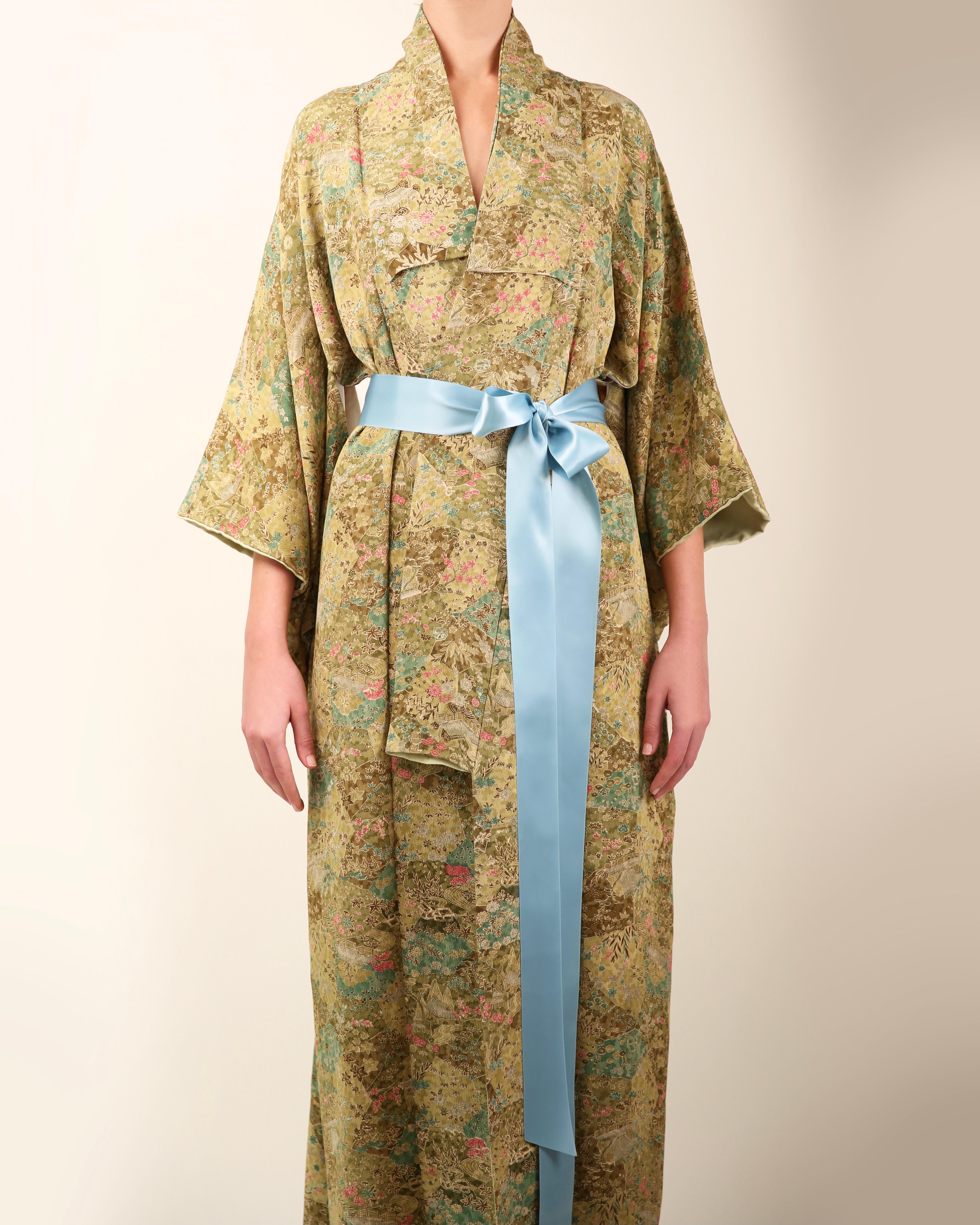 Brown Vintage Japanese hand made green floral silk over coat maxi robe gown kimono For Sale