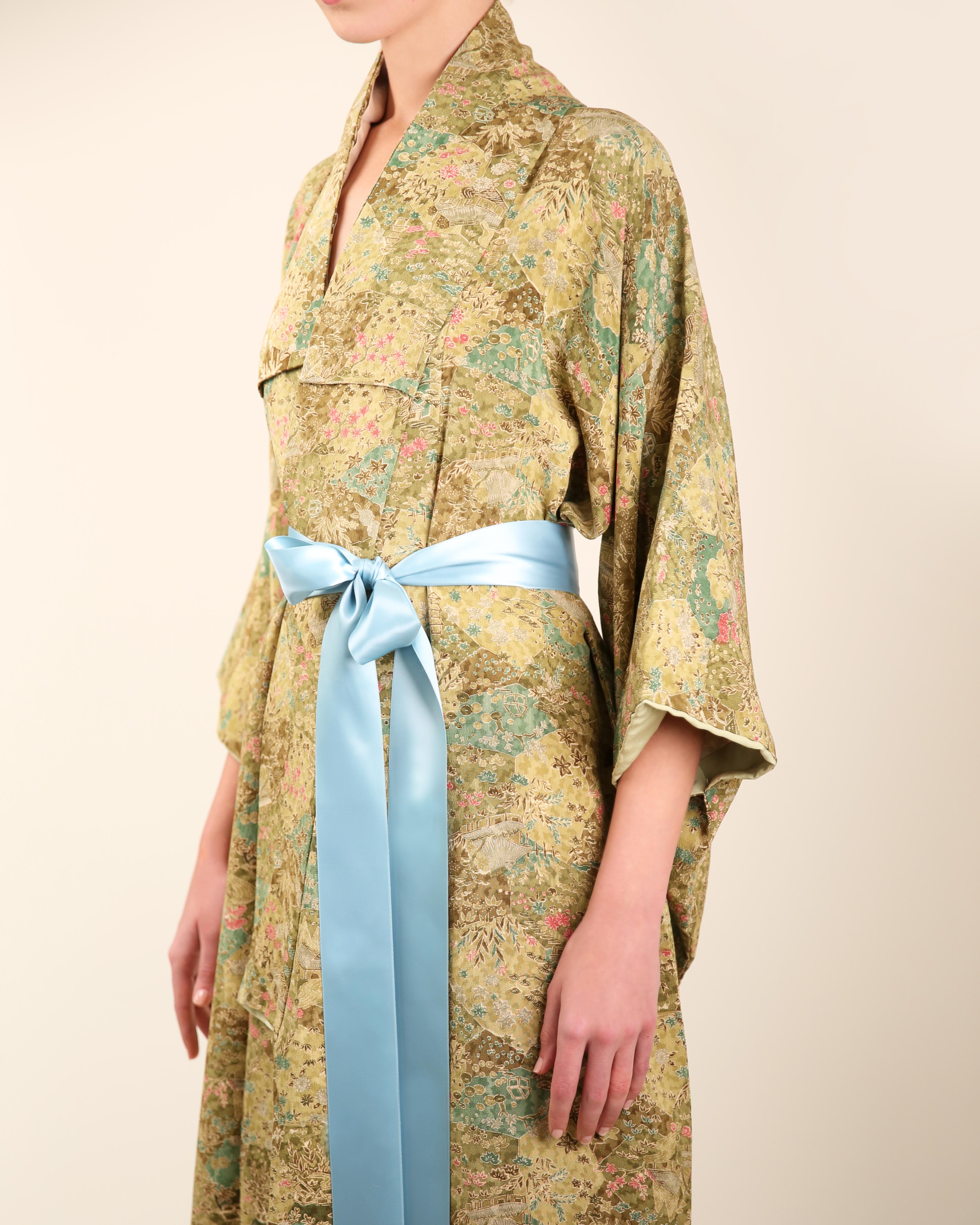 Vintage Japanese hand made green floral silk over coat maxi robe gown kimono  For Sale at 1stDibs