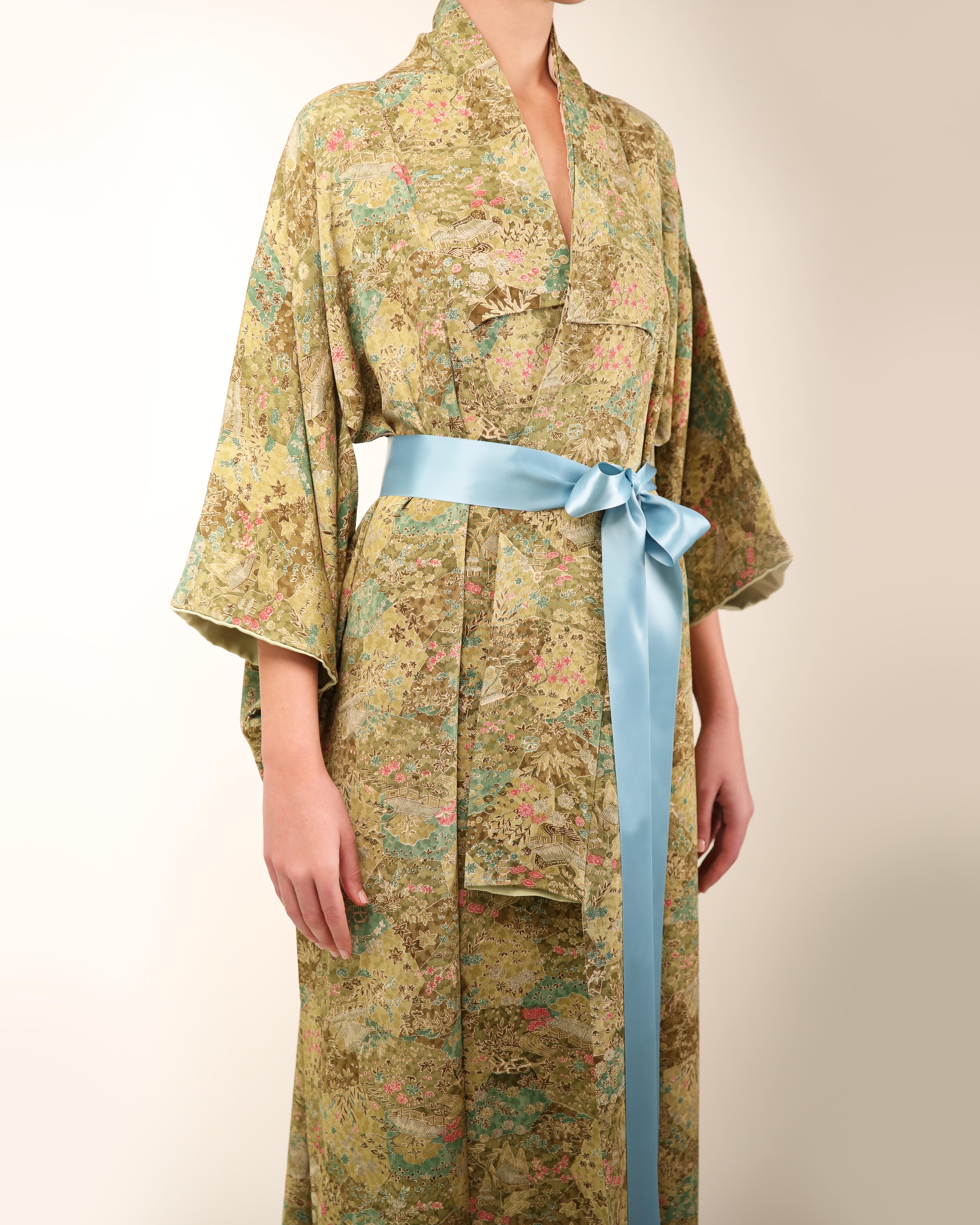 Vintage Japanese hand made green floral silk over coat maxi robe gown kimono For Sale 1