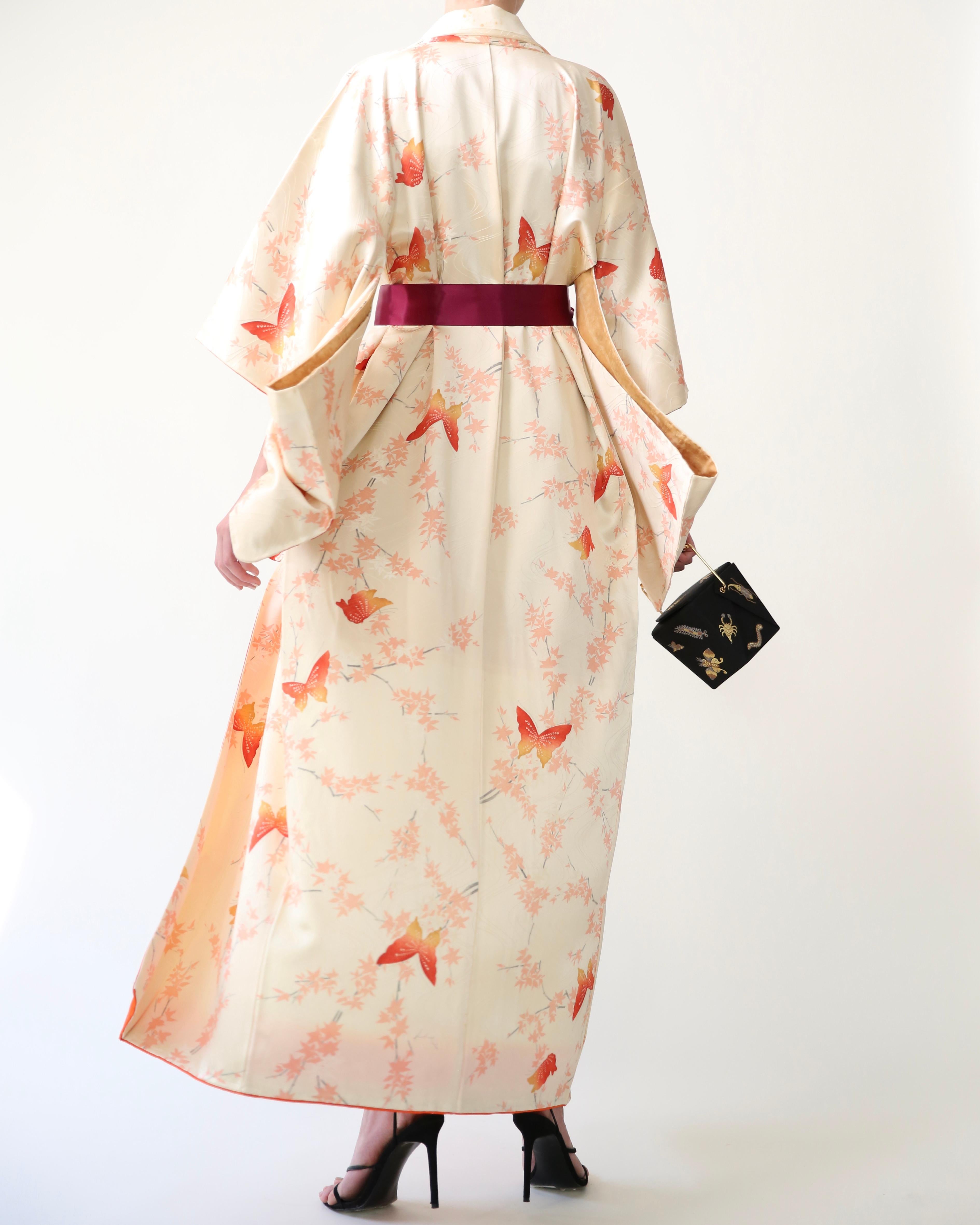 Vintage Japanese hand made silk butterfly floral print robe coat maxi kimono For Sale 2