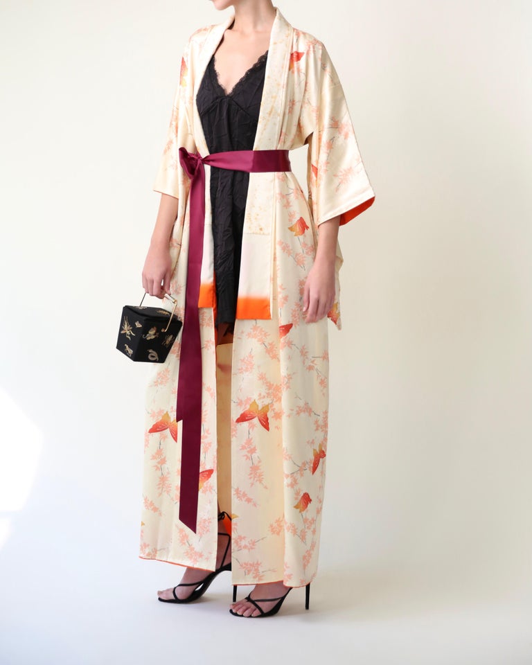 Vintage Japanese hand made silk butterfly floral print robe coat maxi kimono  For Sale at 1stDibs