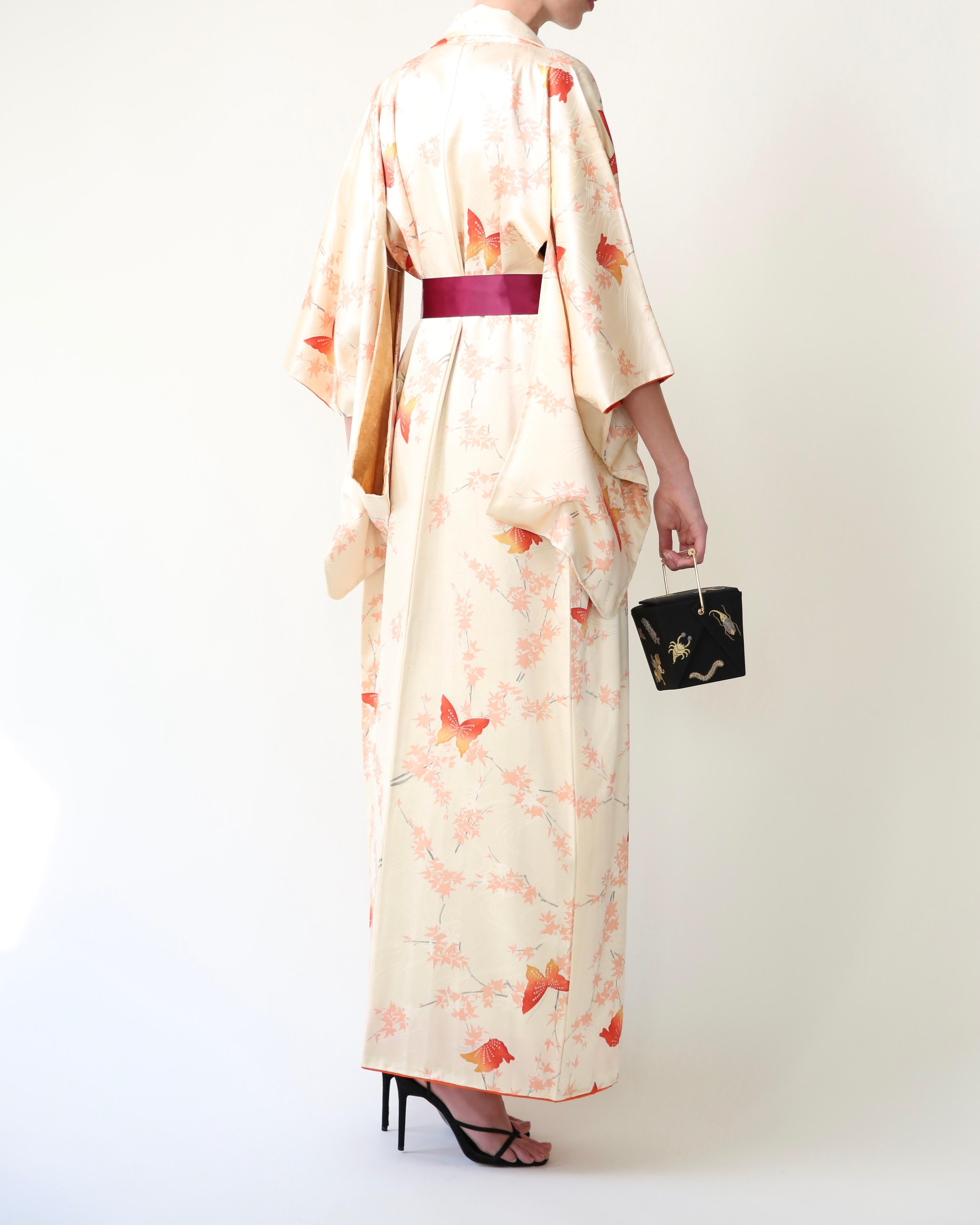Vintage Japanese hand made silk butterfly floral print robe coat maxi kimono For Sale 1