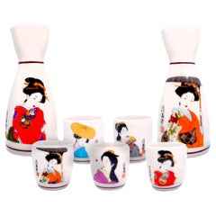 Vintage Japanese Hand Painted Ceramics Sake Set Geisha New in Box Made in Japan