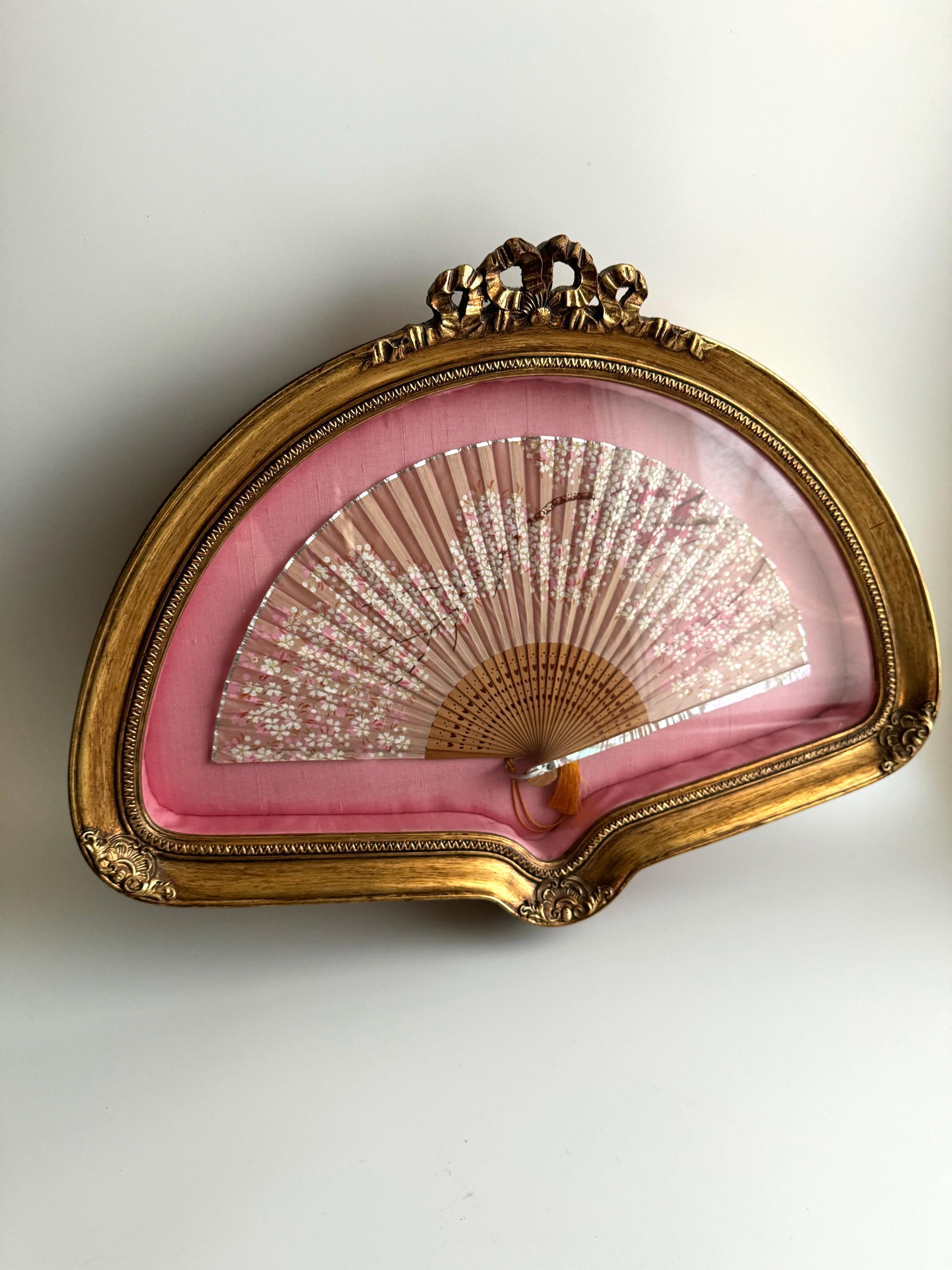 Vintage Japanese Hand Painted Cherry Blossom Fan In Gold Shadow Box Frame     For Sale 4