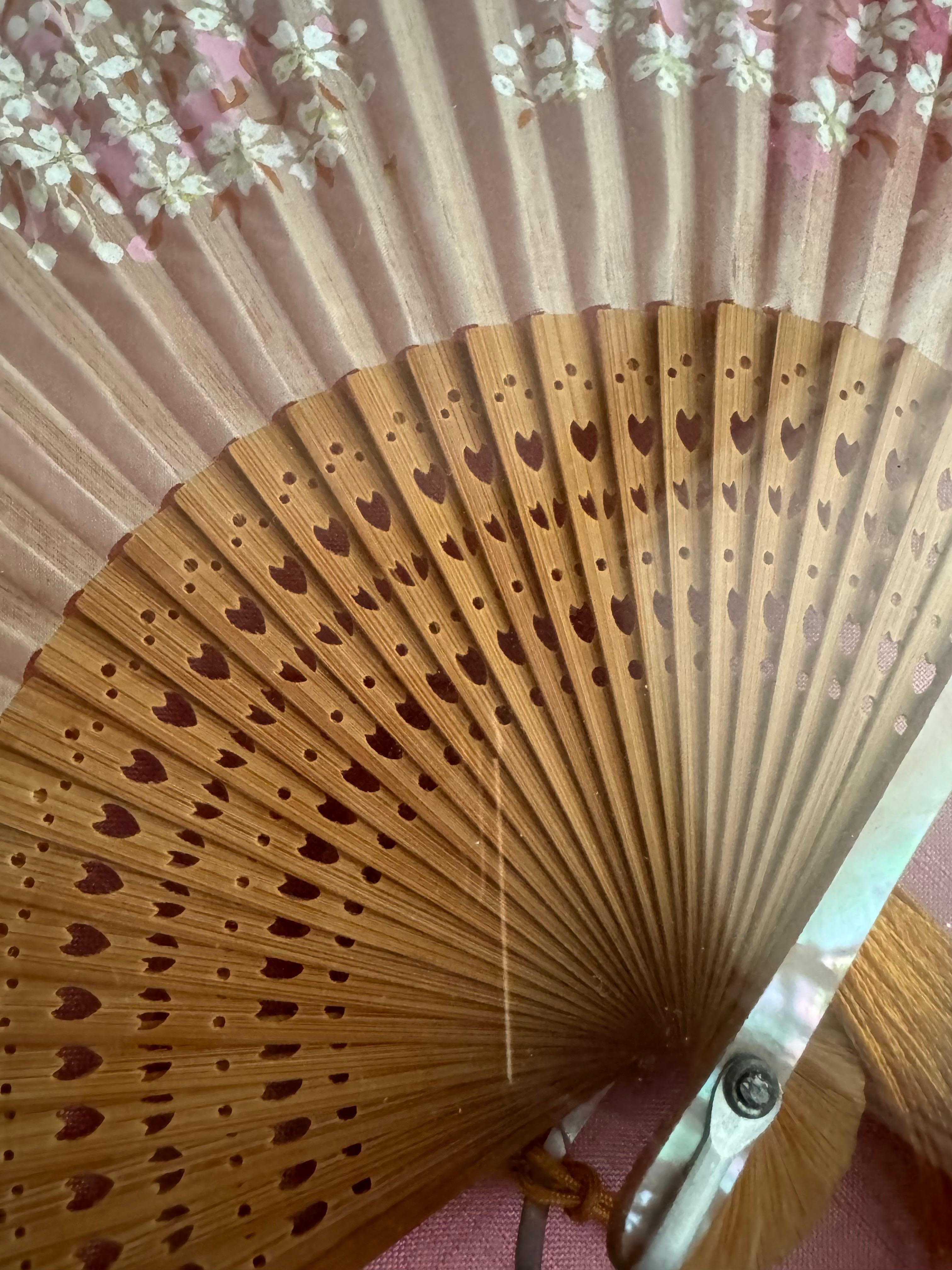 Hand-Crafted Vintage Japanese Hand Painted Cherry Blossom Fan In Gold Shadow Box Frame     For Sale