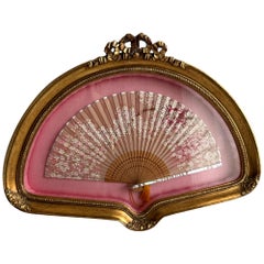 Vintage Japanese Hand Painted Cherry Blossom Fan In Gold Shadow Box Frame