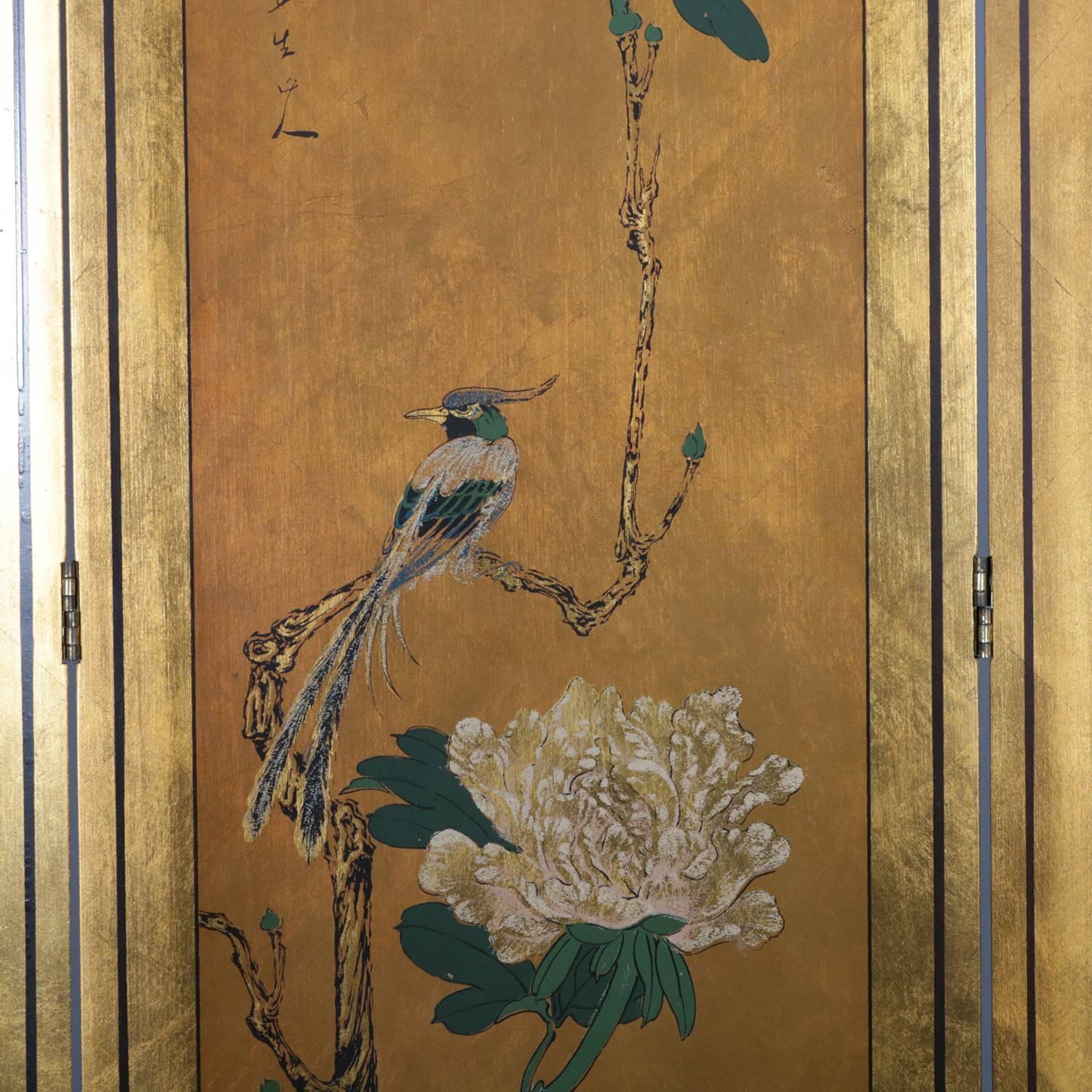Vintage Japanese giltwood dressing privacy screen features four panels with chop mark signed hand painted garden scenes including flowering trees and birds, double action hinges for 360 degree placement, 20th century.

Measures: 85