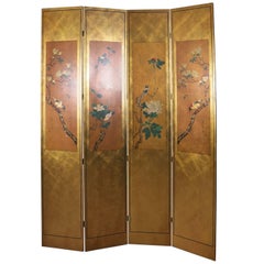 Vintage Japanese Hand-Painted Giltwood Four-Panel Privacy Screen