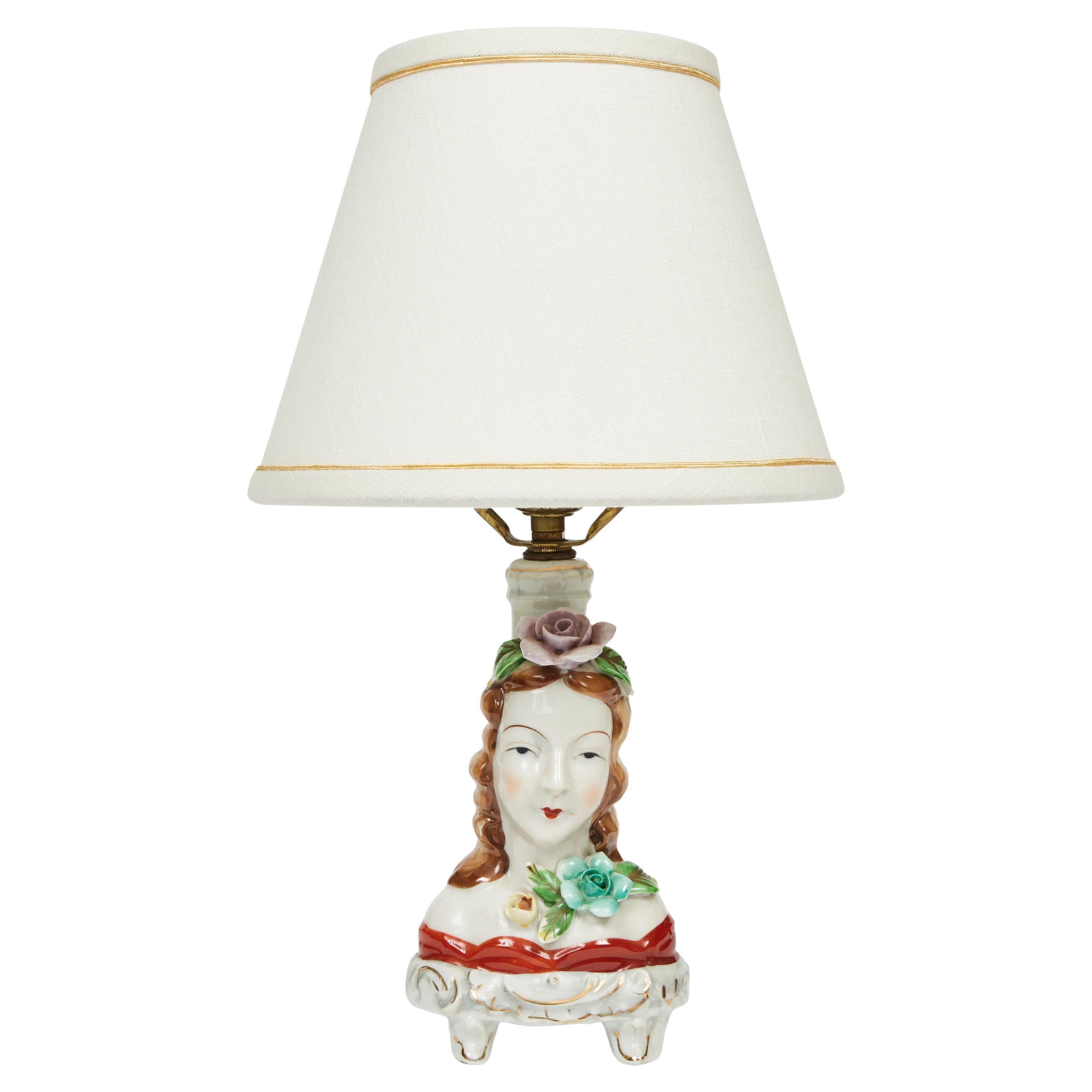 Vintage Japanese Hand Painted Porcelain Bust of a Woman Lamp