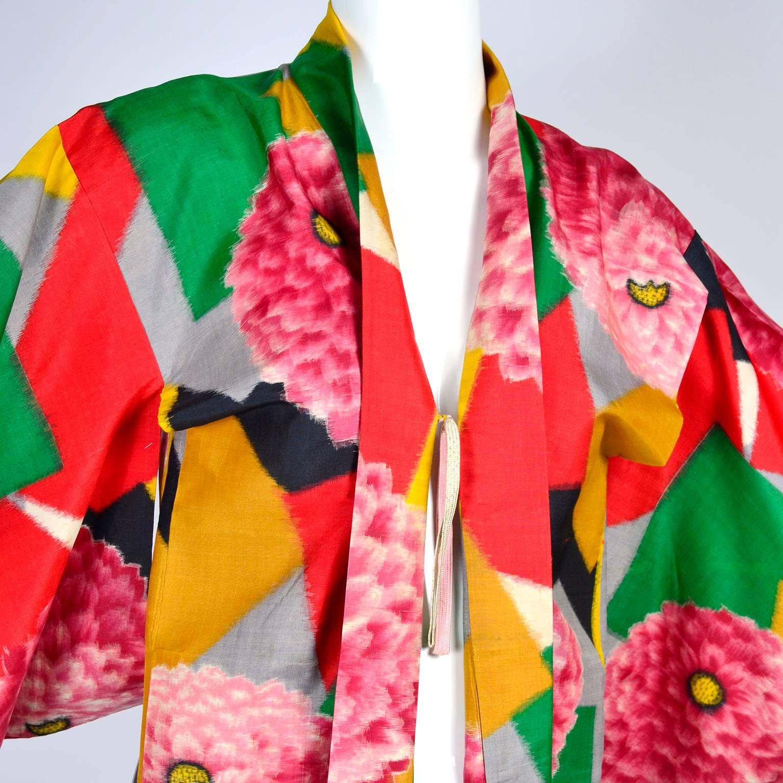 Japanese Vintage Haori Silk Kimono Jacket in Bold Zinnia and Geometric ...